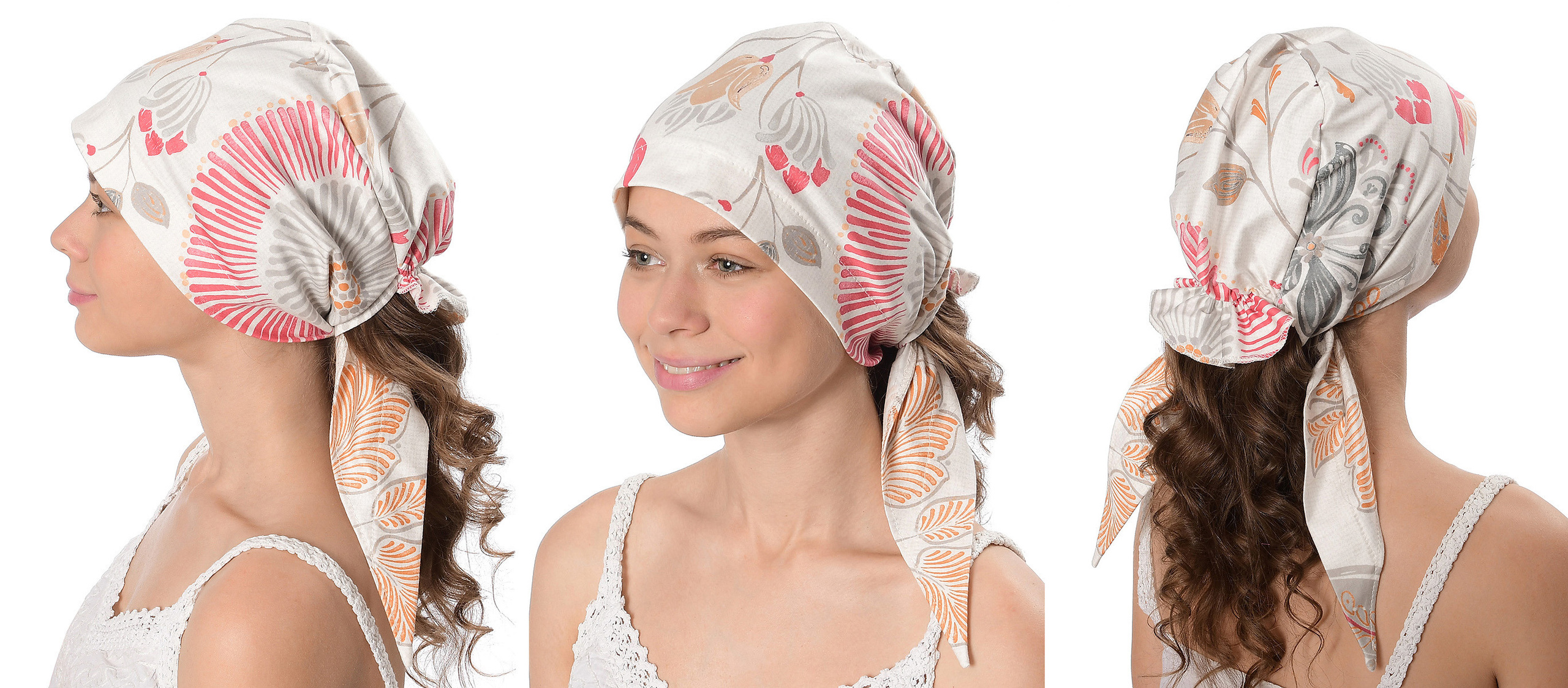 Косынка на модели в разных ракурсах на белом фоне.