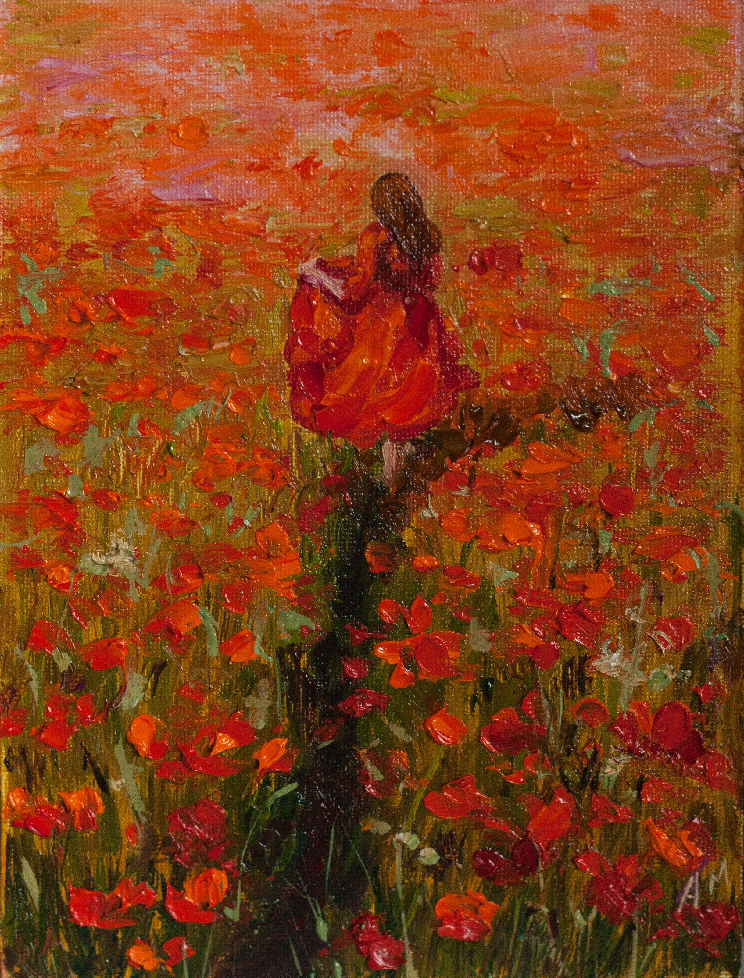 Девочка на маковом поле ярко красном. Купить картину маслом на холсте в Саратове