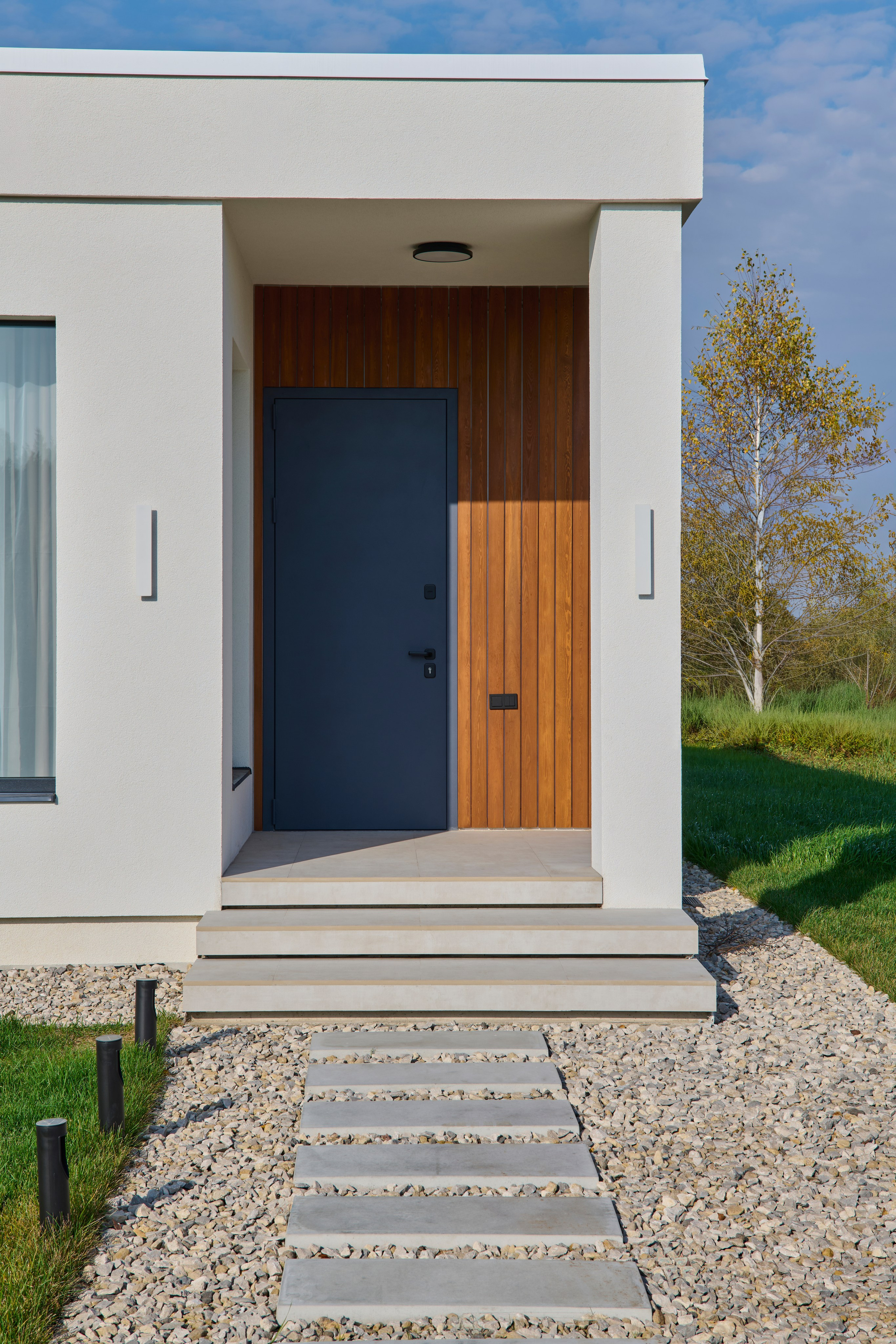 Входная группа дома: дверь, ступени и дорожка из плит