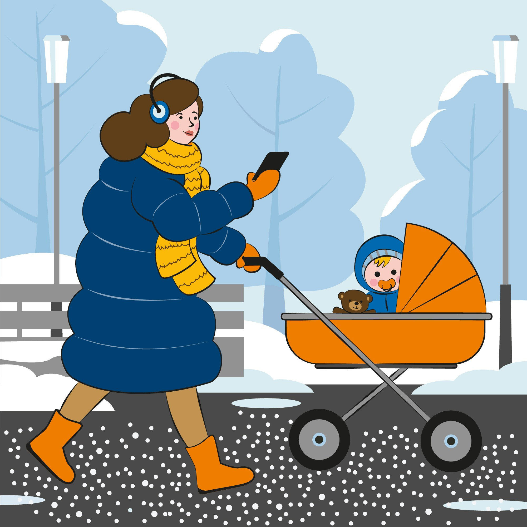 мама с ребенком гуляет в парке