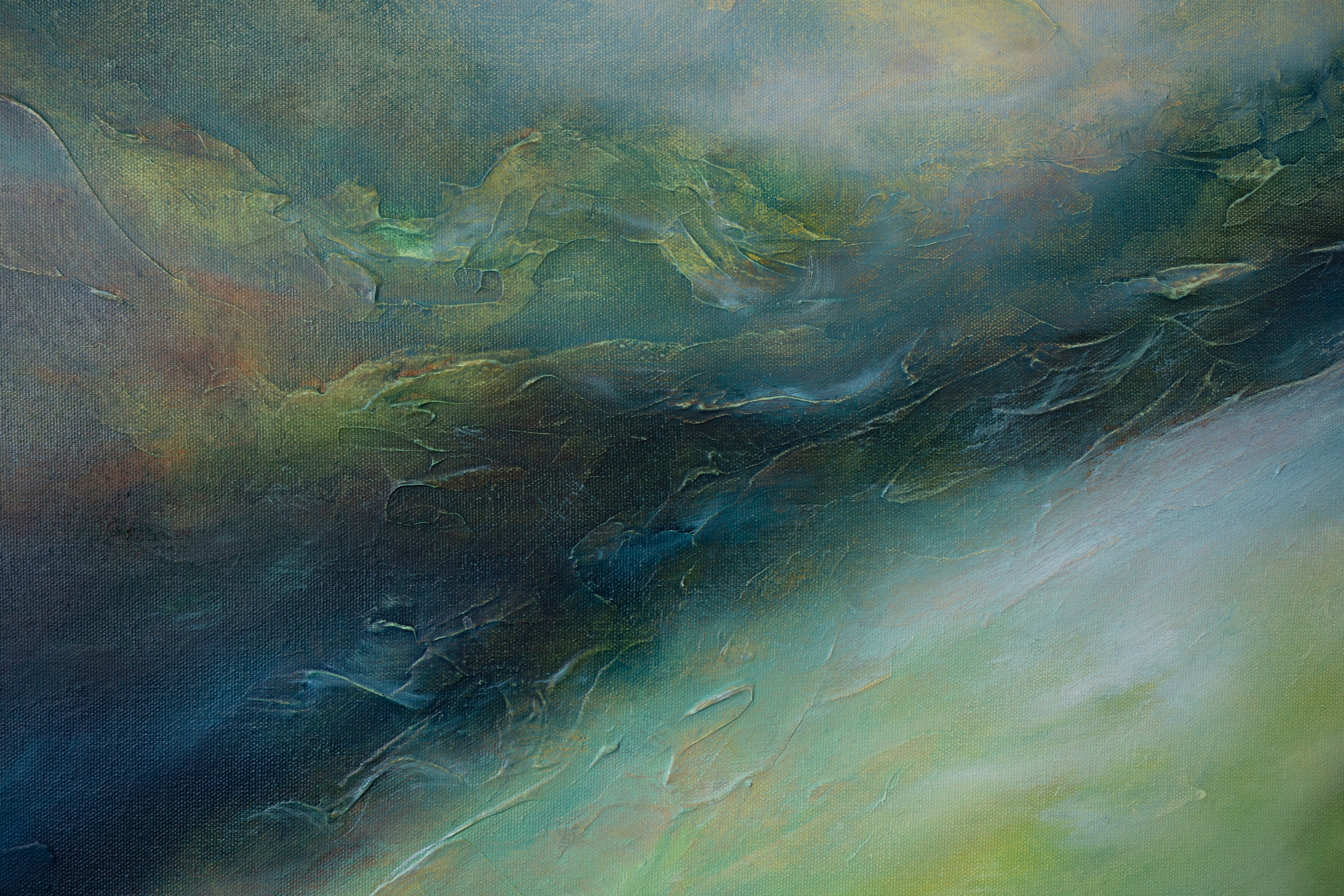 Abstract oil painting of deep green and blue swirling shapes. Pavel Korshun — Contemporary Plein Air