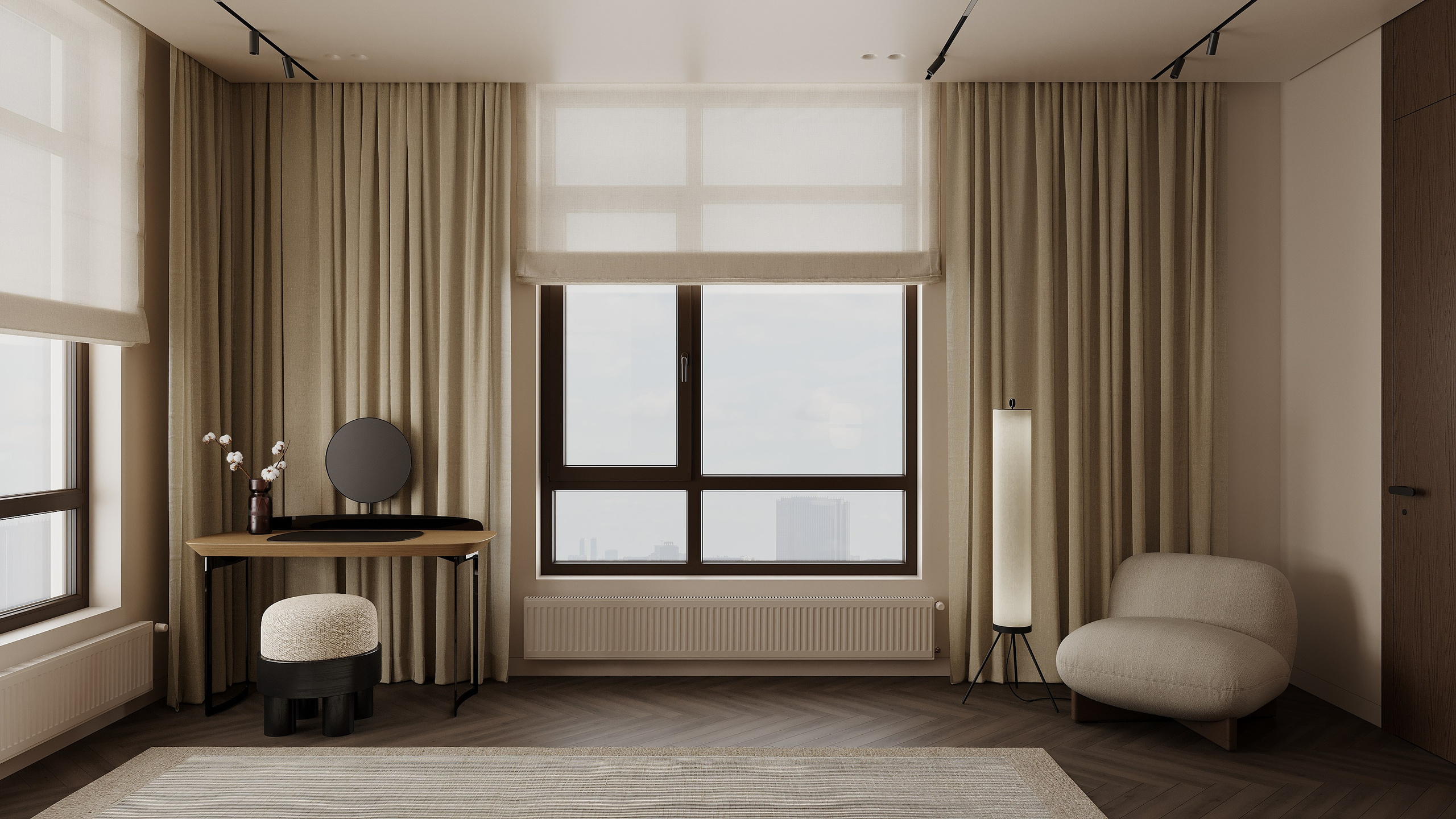 Туалетный стол возле окна рядом с бежевым креслом для чтения   A vanity table near a window next to a beige reading chair