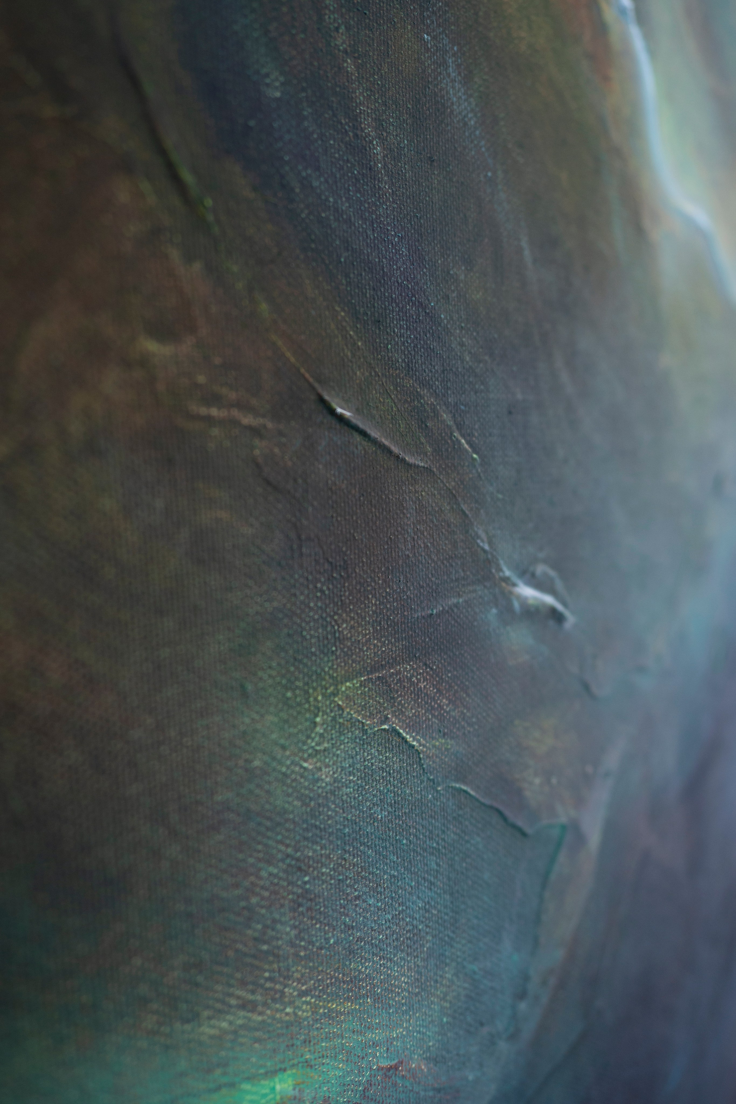 Abstract oil painting of deep green and blue swirling shapes. Pavel Korshun — Contemporary Plein Air