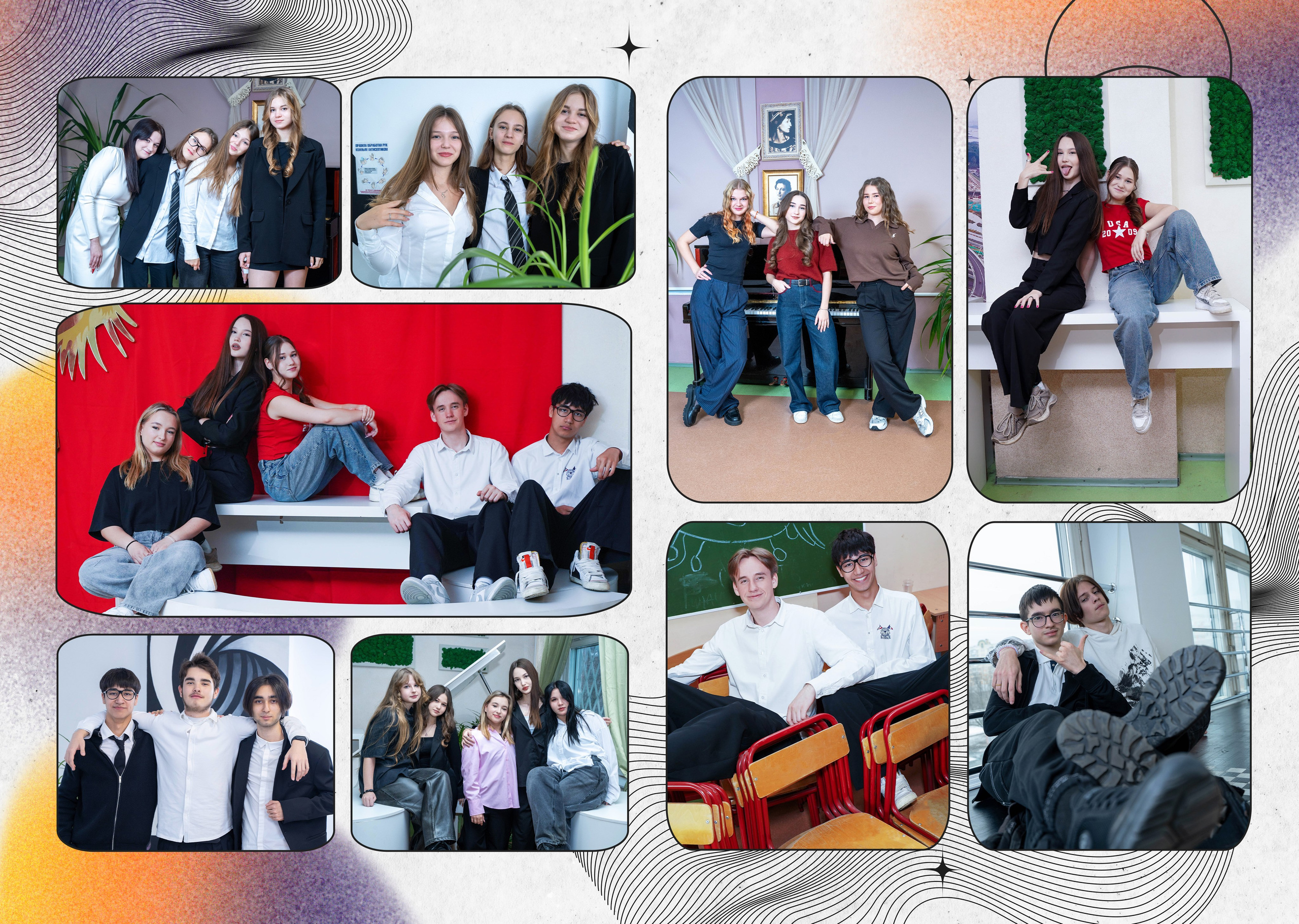 выпускники 9 класса позируют на стильном ярко-красном фоне для фотосъёмки на премиальный выпускной альбом 