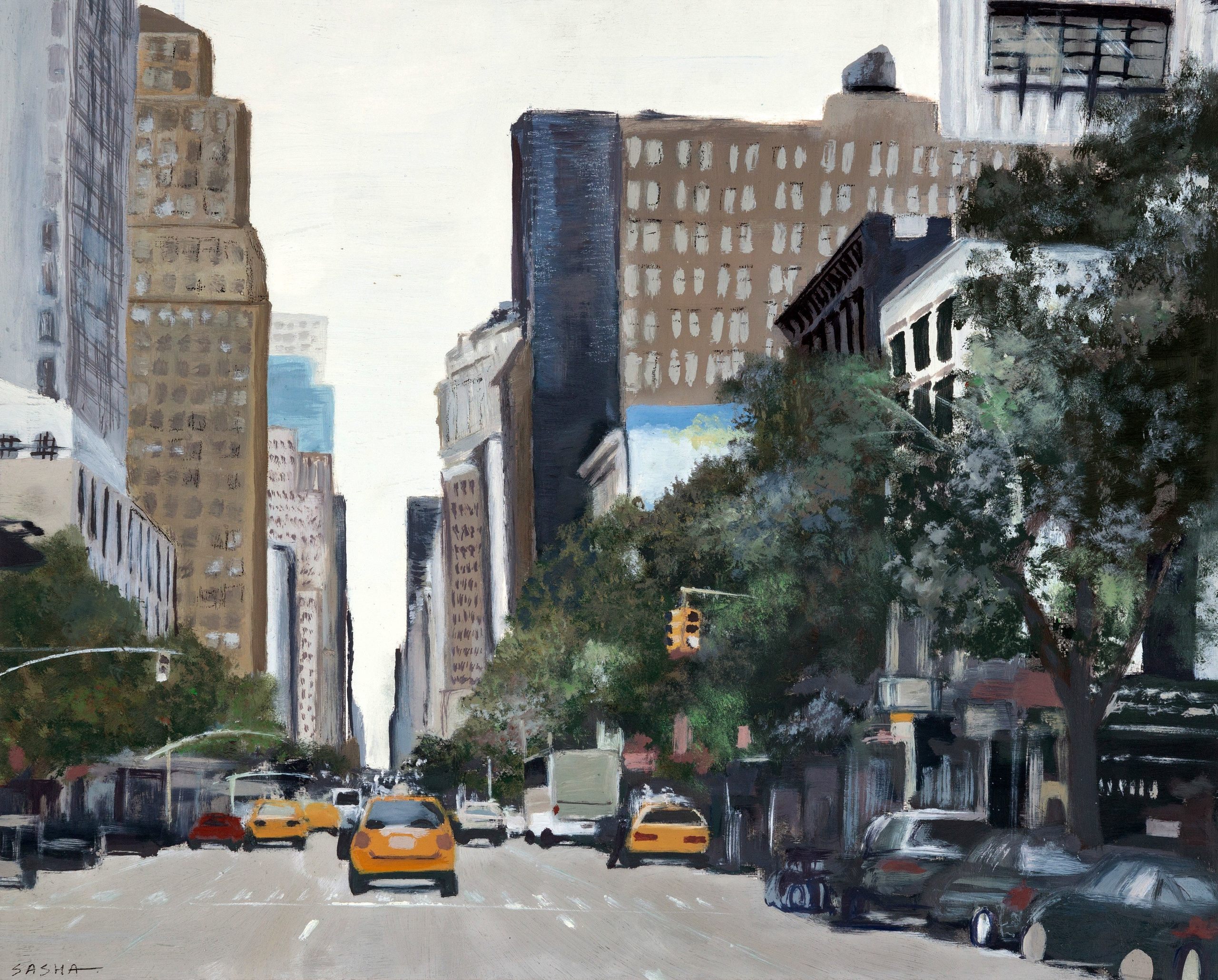 Городская улица с желтыми такси и высокими зданиями, выполненная в масле