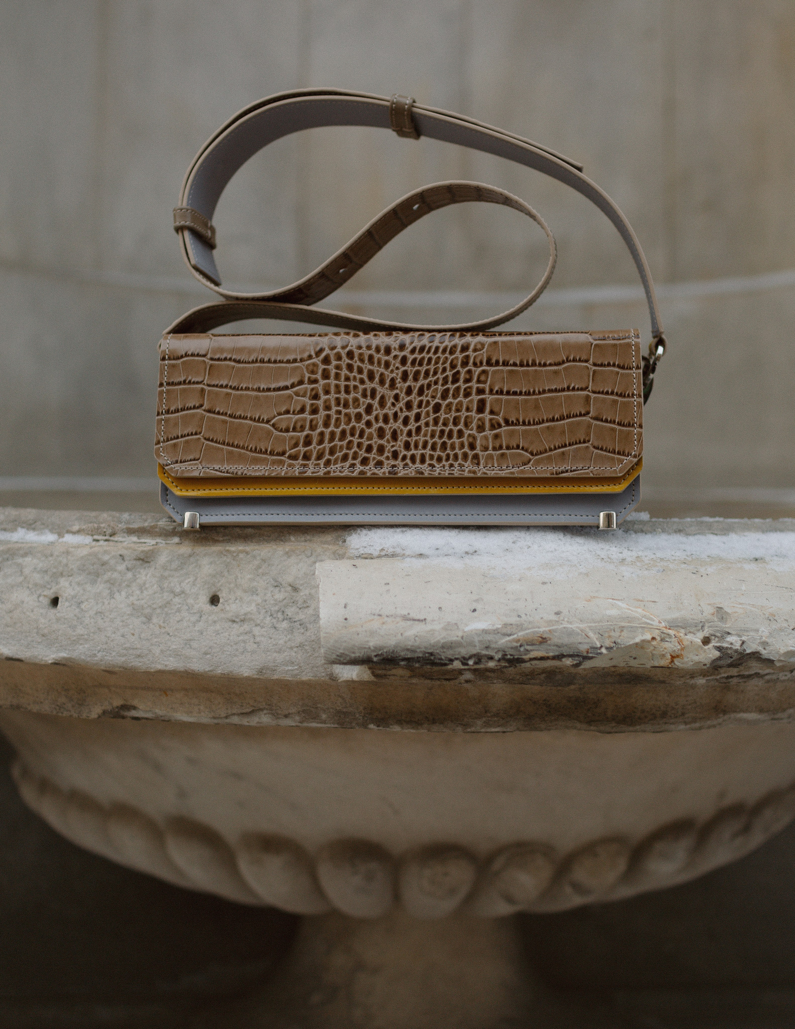 Предметная съемка сумки из крокодильей кожи бежевого цвета рядом с архитектурой Санкт-Петербурга.
