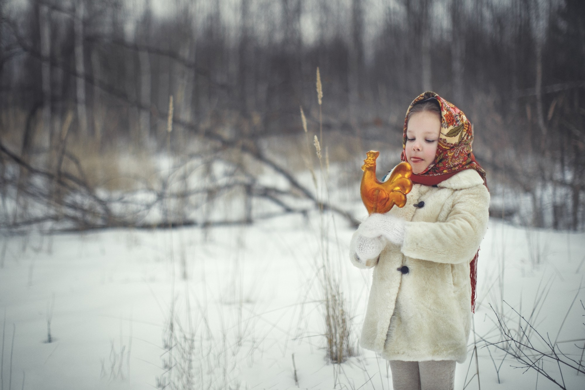 портрет девочки в русско-народном стиле, фотосессия с павловопосадским платком, фото ребенка на природе в зимнее время, ретро одежда на фотосессии, фото ребенка с леденцом петушок на палочке
