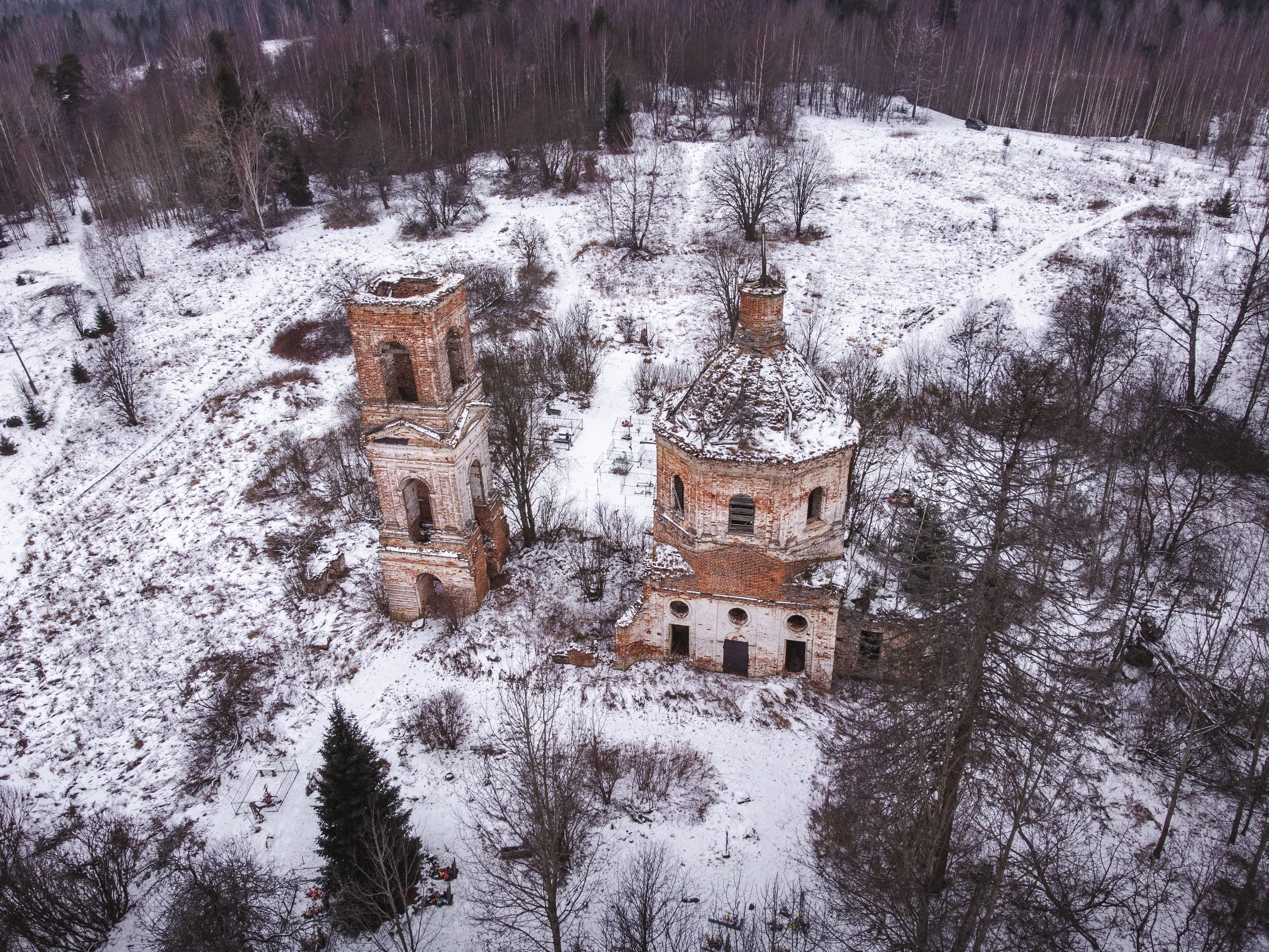 Церковь Святой Богородицы в урочище Богородское рядом с деревней Пореево, Ярославская область, зима