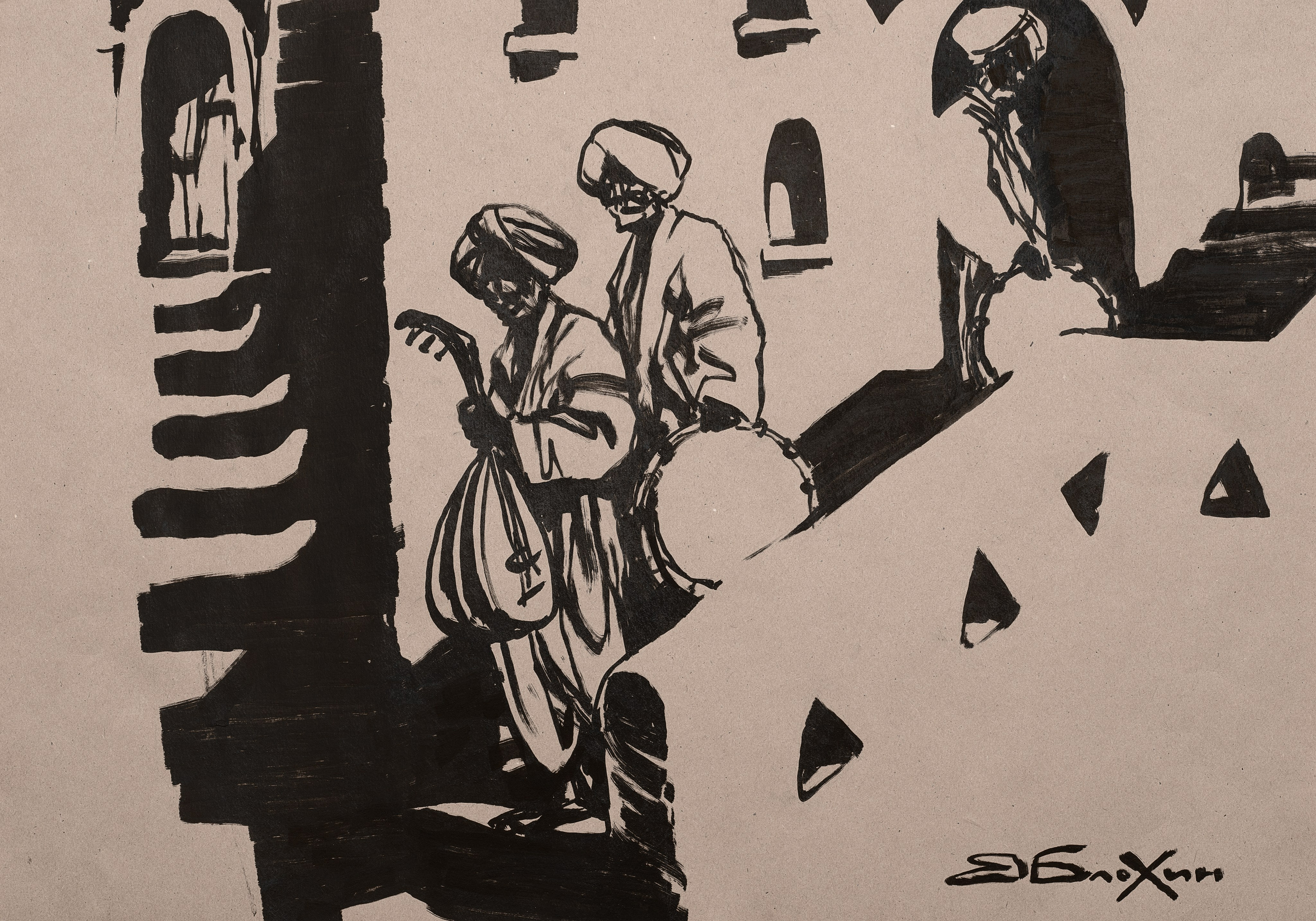 «Музыканты Магриба 2» - художник Валерий Блохин (бумага, маркер, 42x60см, 2020)