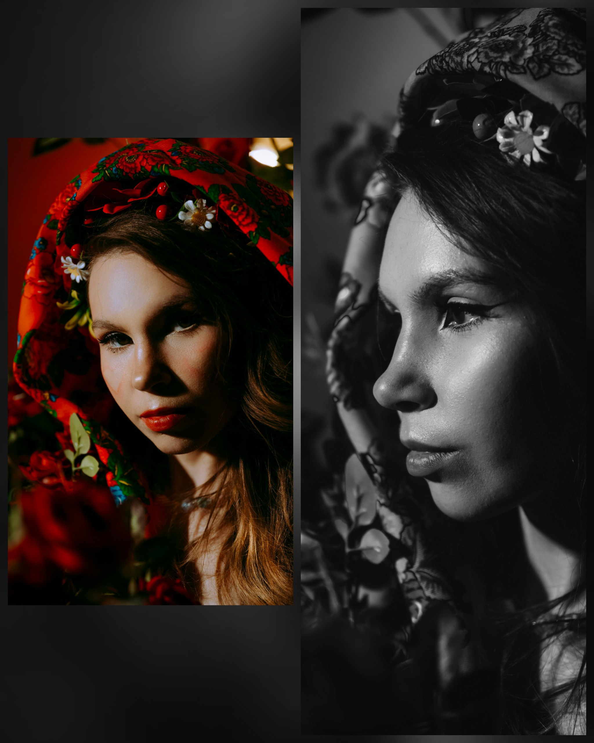 темный фольклор, славянская фотосессия, девушка в красном платке