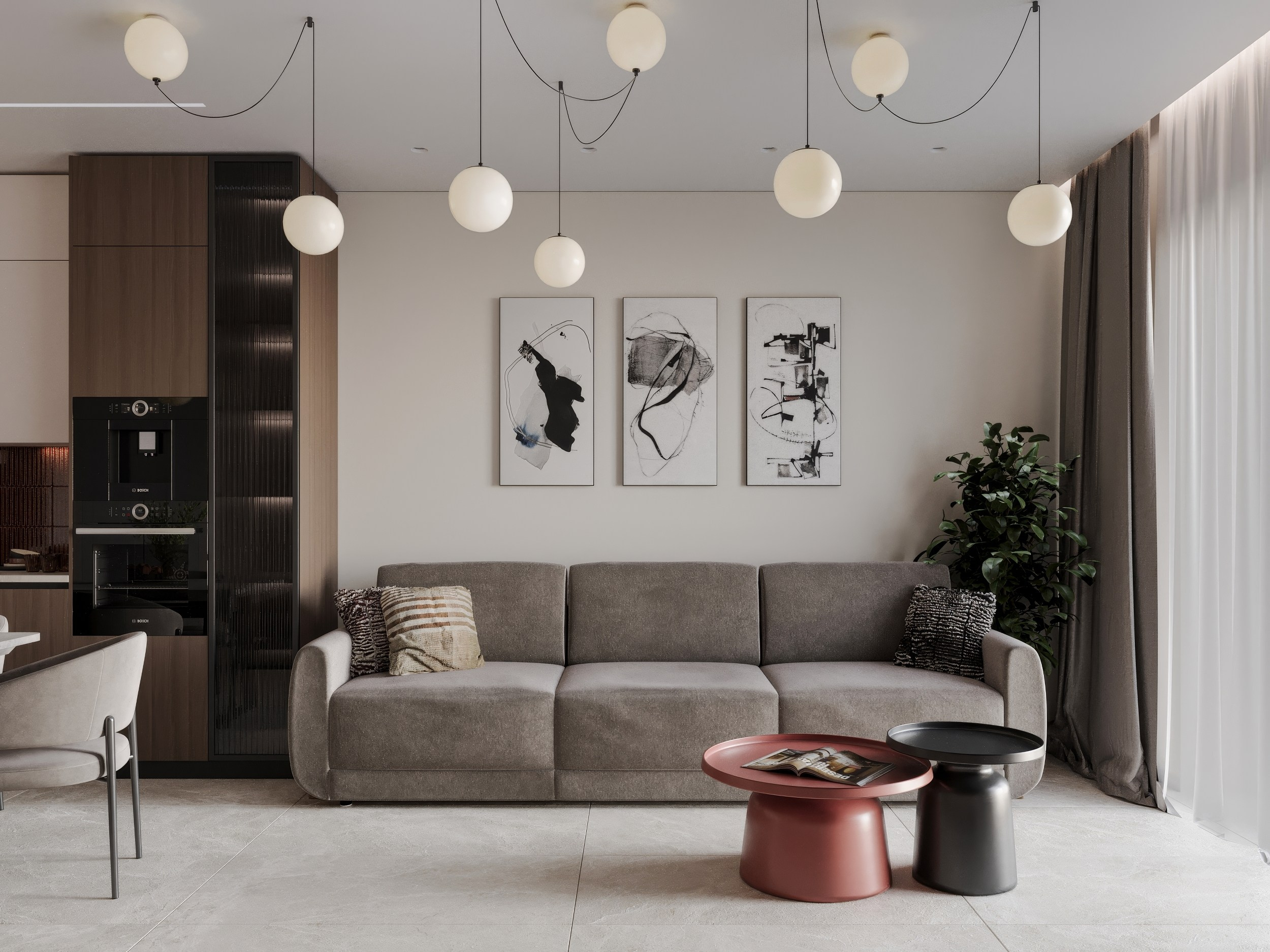 Кухня гостинная с подвесными светильниками и необычными, круглыми журнальными столиками