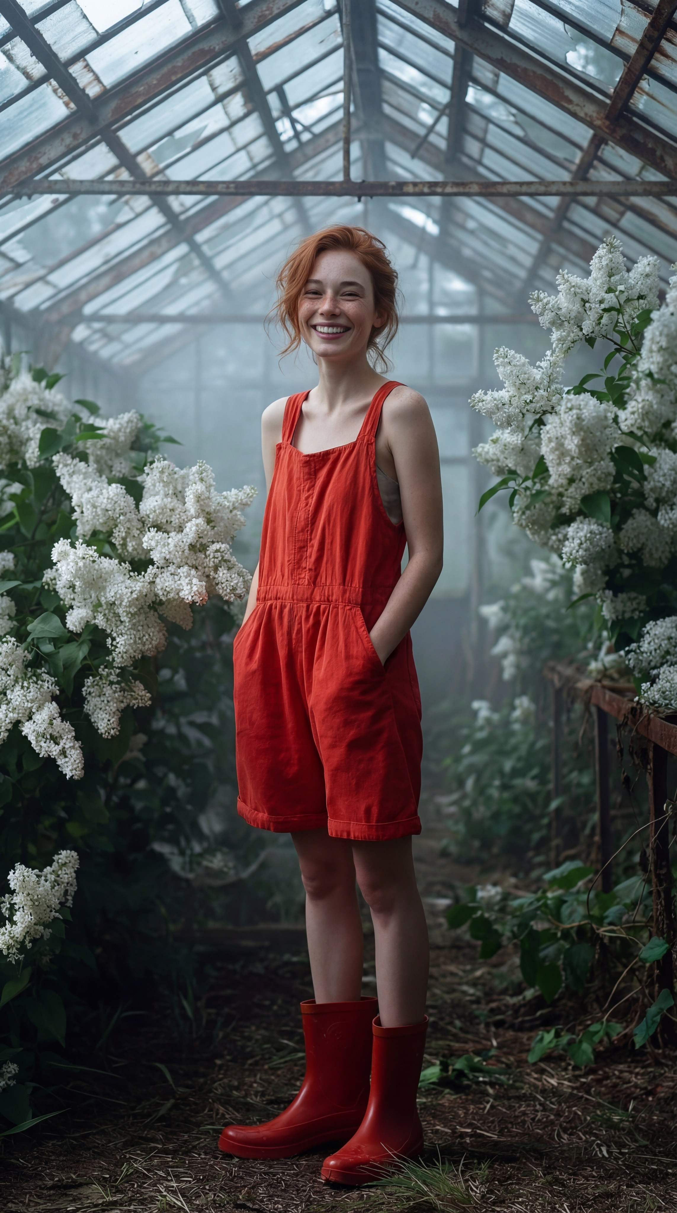 AI-фото девушки в красном комбинезоне в полный рост в цветущей оранжерее, нейро-контент для fashion-бренда, AI-визуал яркий образ в ботаническом саду