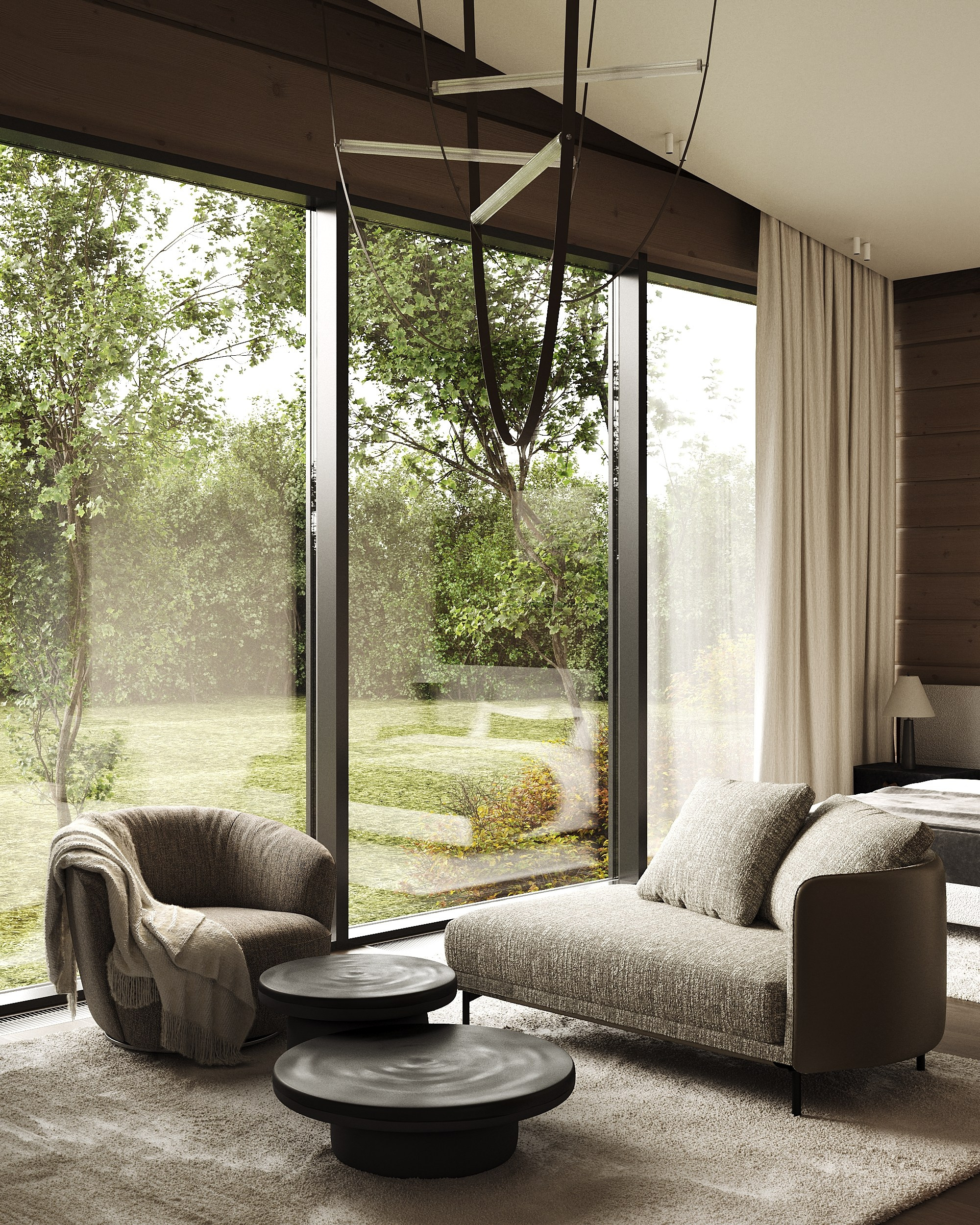 Уютная светлая спальня в доме из бруса с дизайнерской мебелью.