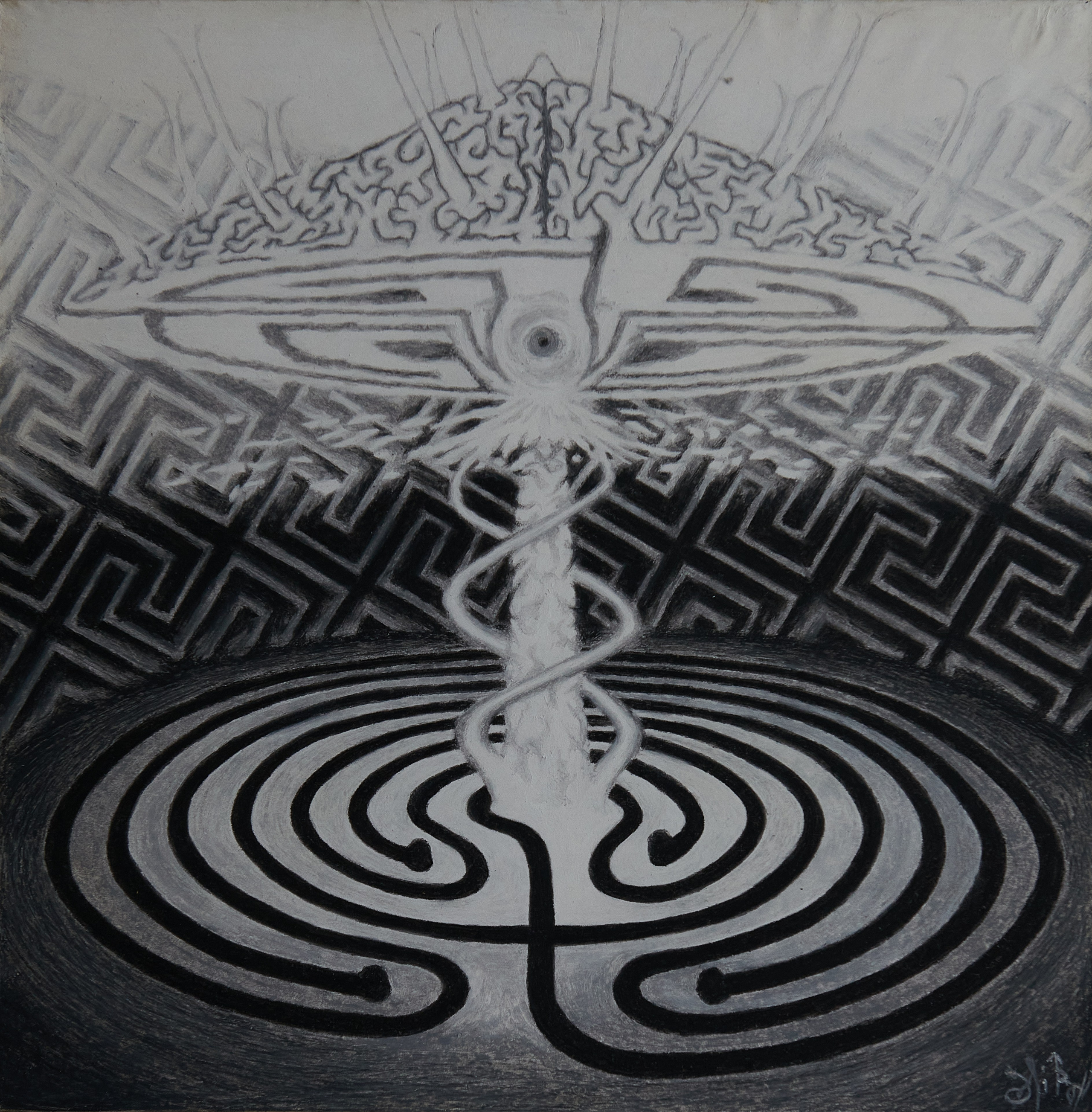 Dimethyltryptamine. Лабиринт ума, лабиринт восприятия, лабиринт сознания психотропии уводит из привычного восприятия действительности в центр этого лабиринта. Производит взрыв прозрения в сокрытую действительность. Разум и чувства обретают новые данные об окружающем существующем, далёкими от подробных характеризаций и описаний словами, имеющимися в науке обществ. Подробности могут быть приблизительными, но опыт запечатлевается в осознавании и в памяти, как есть. Конкретика может быть только аллюзорной, абстрактной. Год создания: 2005 г.