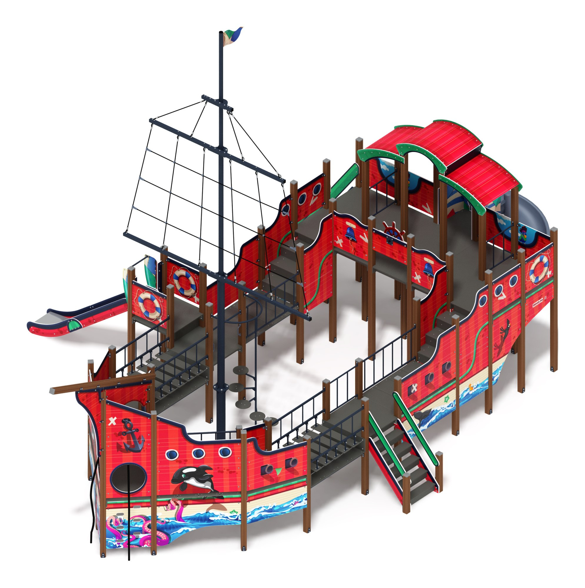 Фрегат (Мульт) (винтовой скат) горка Н 1500 горка Н 2000 ДИК 2.03.3.04-10.И1                                                                              Габариты (ШхДхВ): 12920х8970х9450                                                                                                                                                                       Зона безопасности, мм: 16420х12470                                                                                                                                                                 Скат горки: H=1500 (металлический скат) / H=2000 (винтовой скат)                                                                                                                                            Возрастные ограничения от 5 до 12 лет