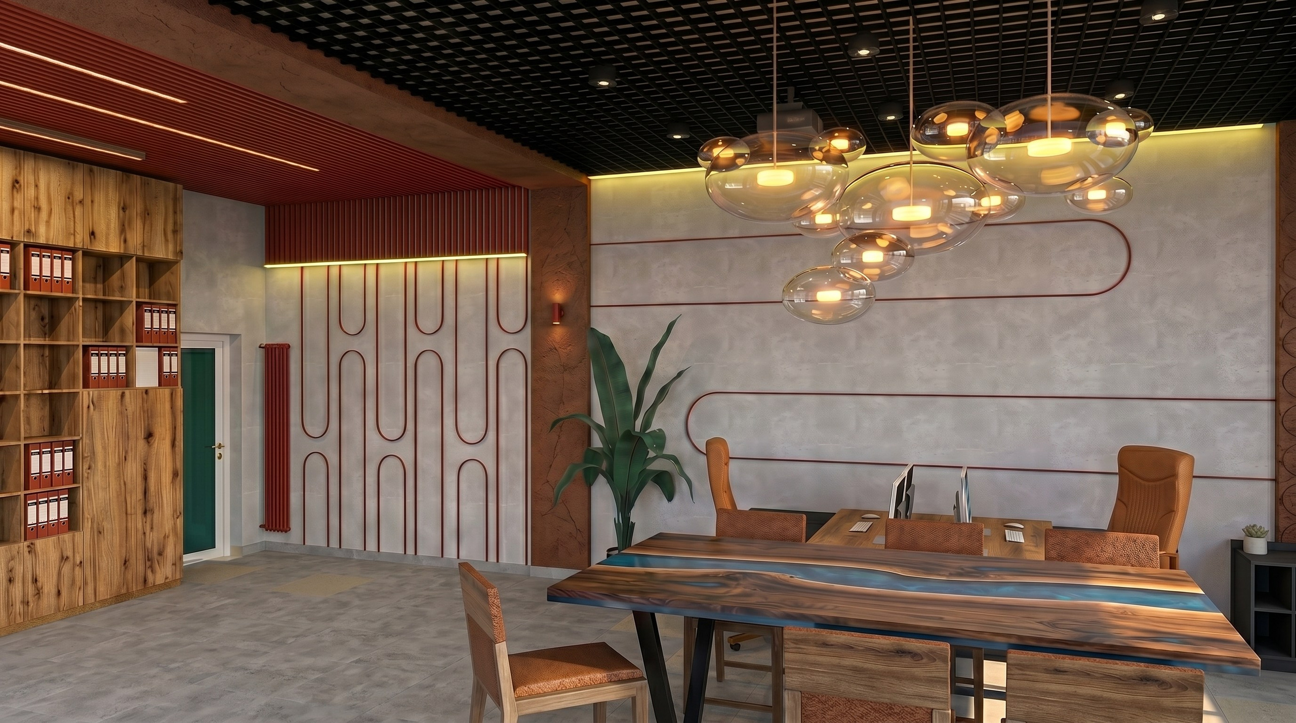 Визуализация зоны встреч с древесной столешницей, синими вставками и стеклянными подвесами