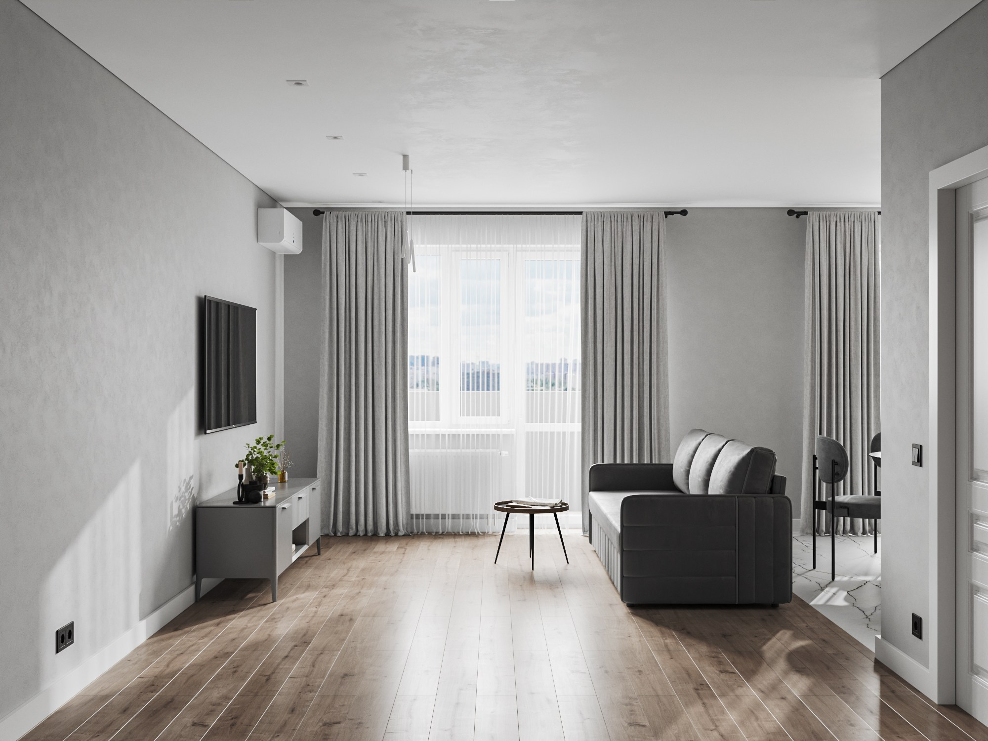 Визуализация кухни-гостиной в серых тонах. 3D визуализация интерьера. Визуализатор Виктория Озерова