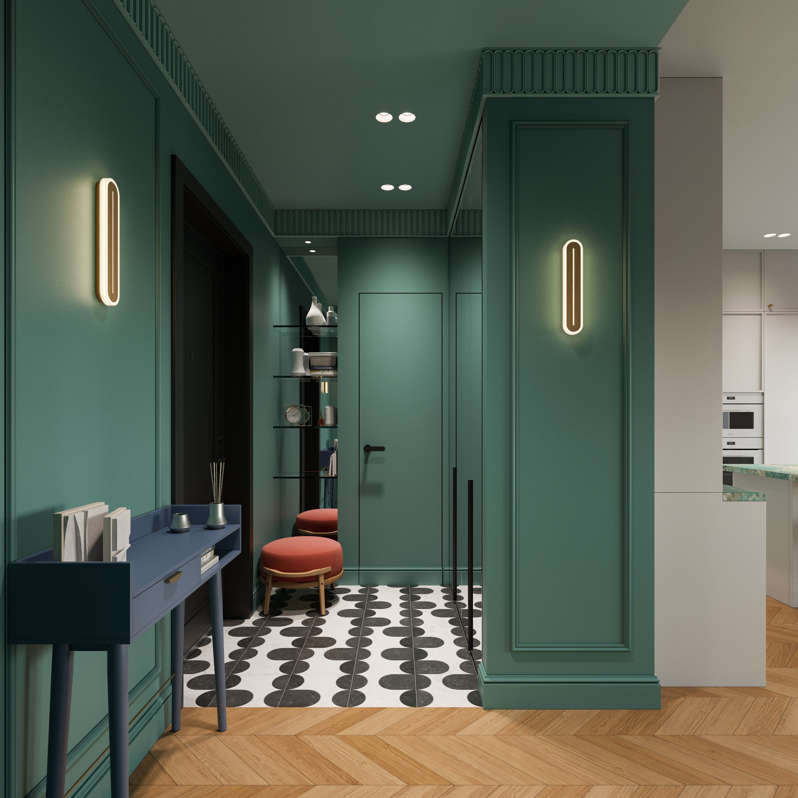 3D визуализация входной зоны с винным пуфом и лепным карнизом в современной классике