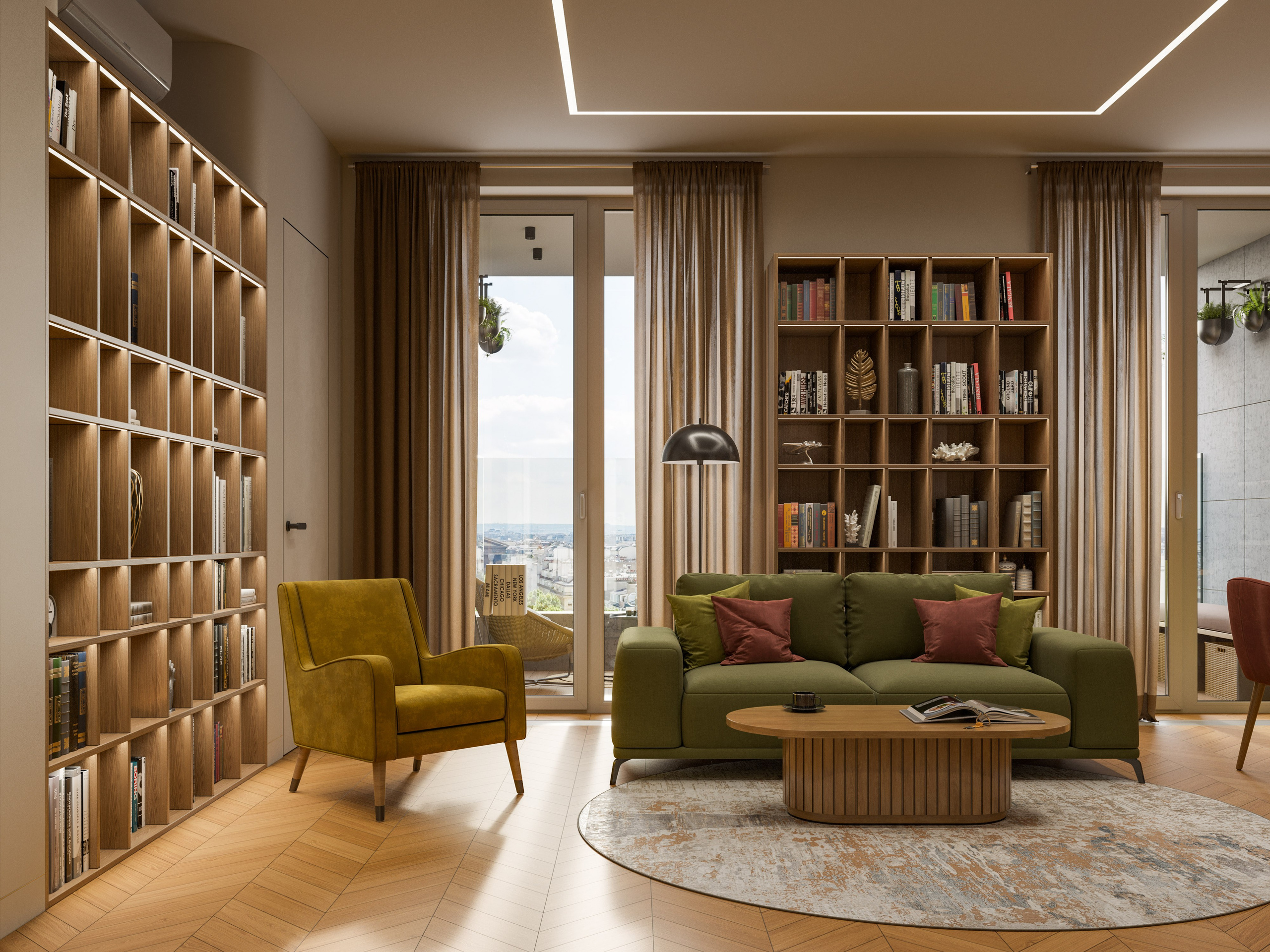 3D визуализация гостиной в современном стиле с ярким желтым креслом и серыми стенами