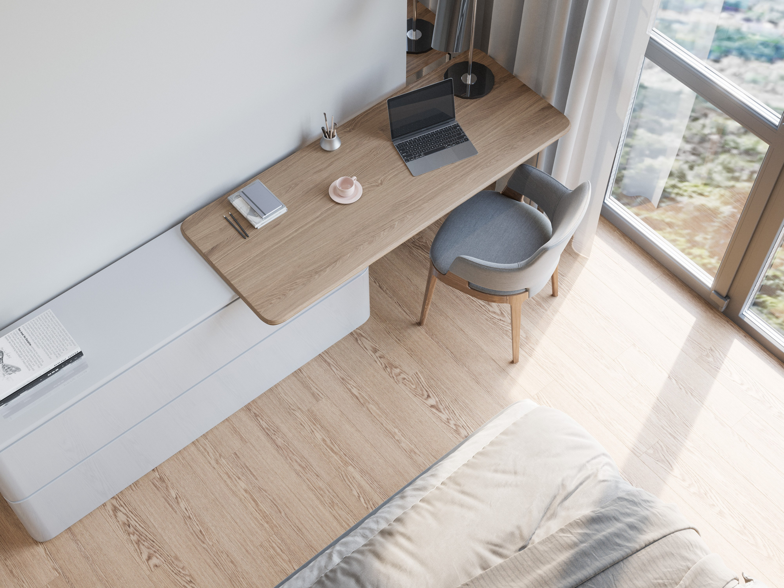 Рабочее место с видом из панорамного окна: эргономичное кресло и система хранения документов