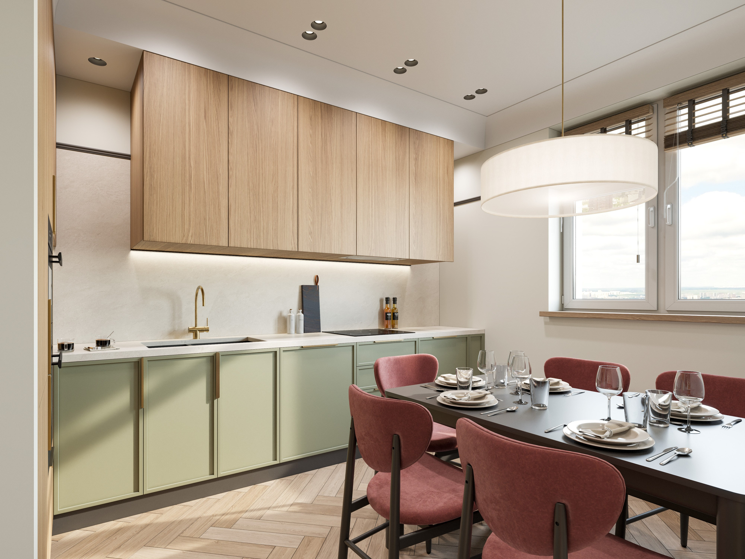 Столовая зона в стиле современная классика с деревянным столом и бордовыми стульями