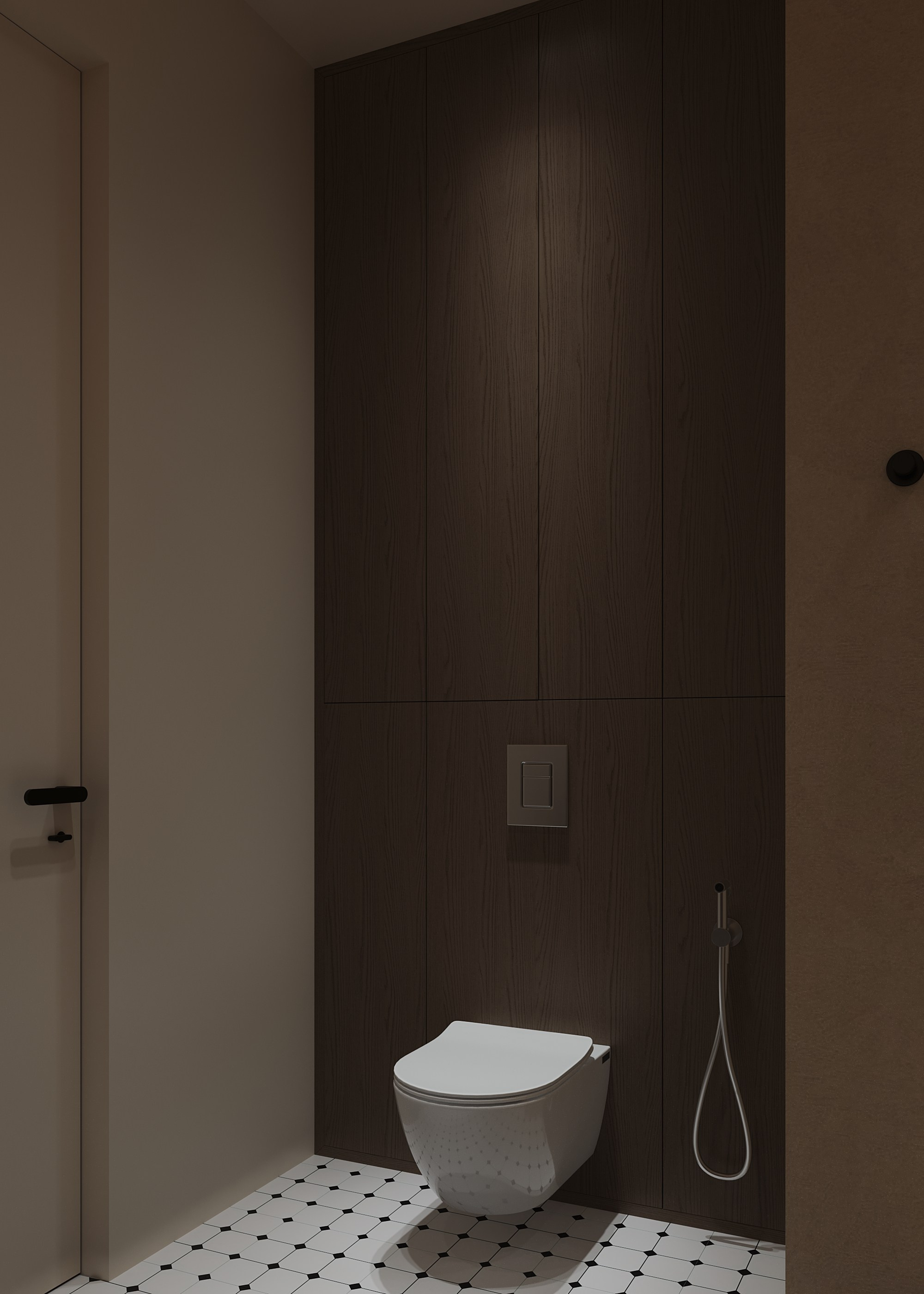 Инсталляция со скрытым стеллажом и деревянными панелями  Installation with hidden shelving and wooden panels