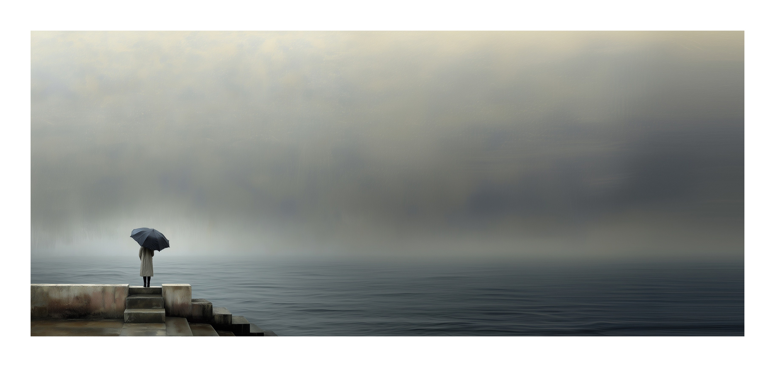 A solitary figure holding a black umbrella stands at the edge of a concrete pier by calm water, enveloped in dense fog; the blurred landscape and surrounding emptiness convey a sense of silence, isolation, and inner loneliness. (Одиночество - Одинокая фигура человека с чёрным зонтом стоит на краю бетонной набережной у спокойной воды, окутанной густым туманом; размытые очертания пейзажа и пустота вокруг передают ощущение тишины, изоляции и внутреннего одиночества.)