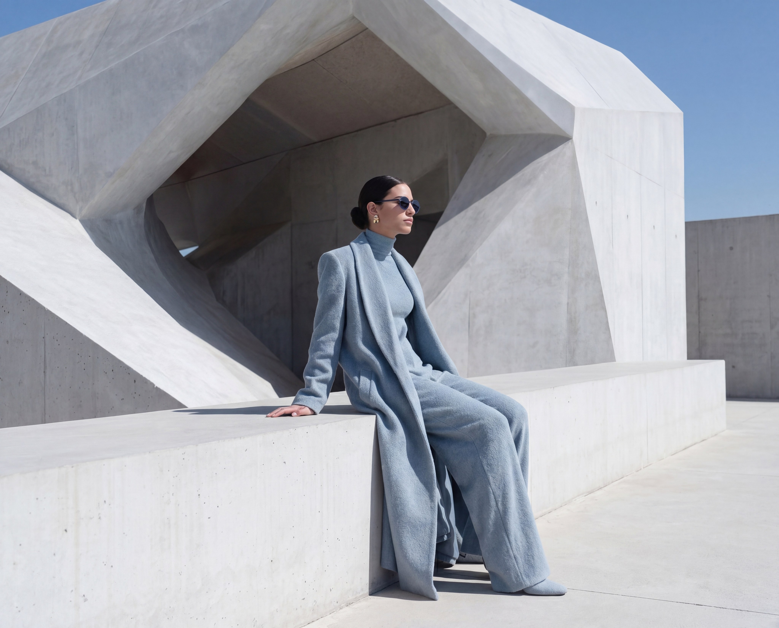 Имиджевая ИИ-фотосессия: AI-модель в голубом платье в архитектурном пространстве, для смелых концепций SMM-агентств в рамках бюджета