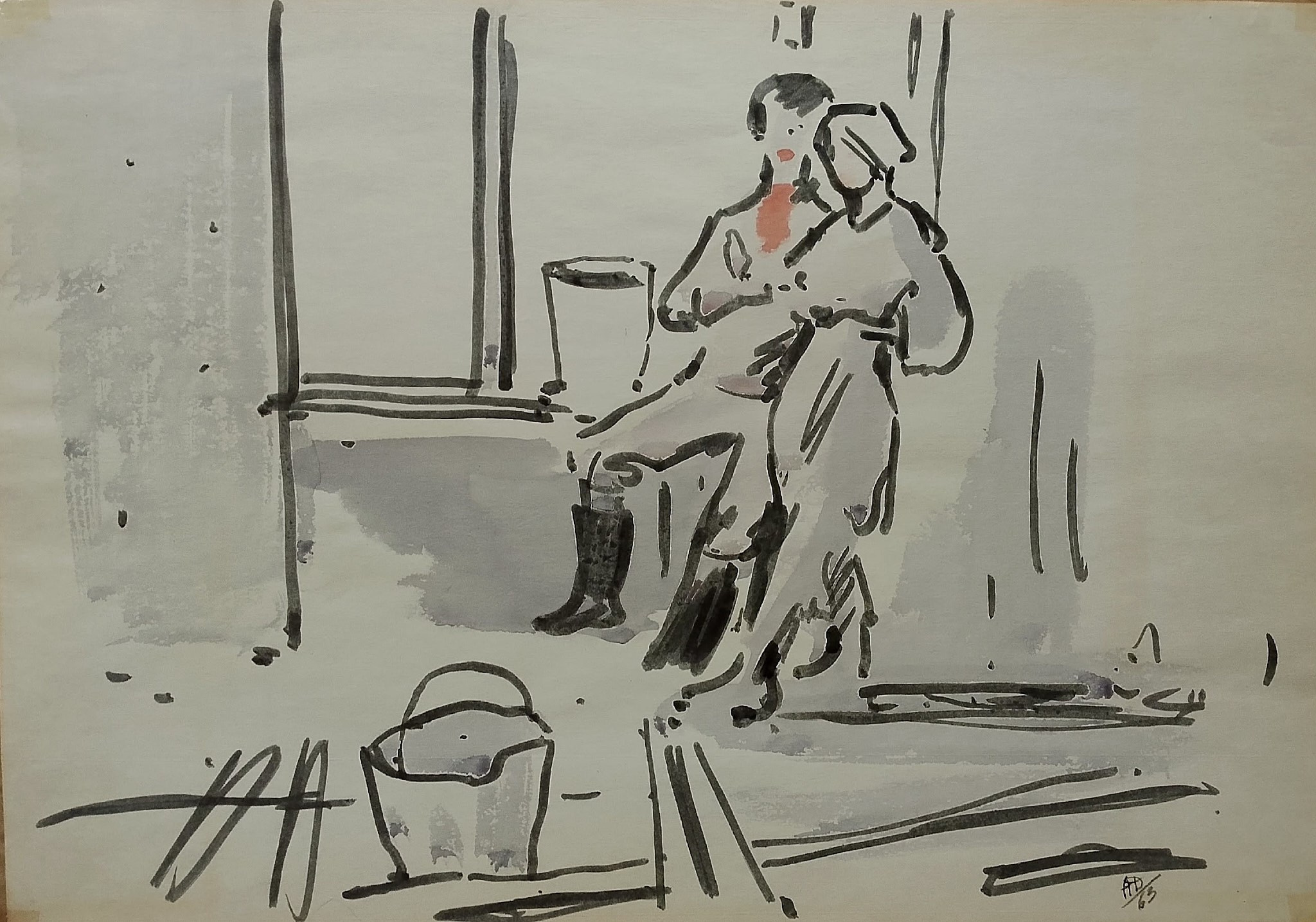 Александр Дудников "На стройке" бумага, тушь, 1963 г.