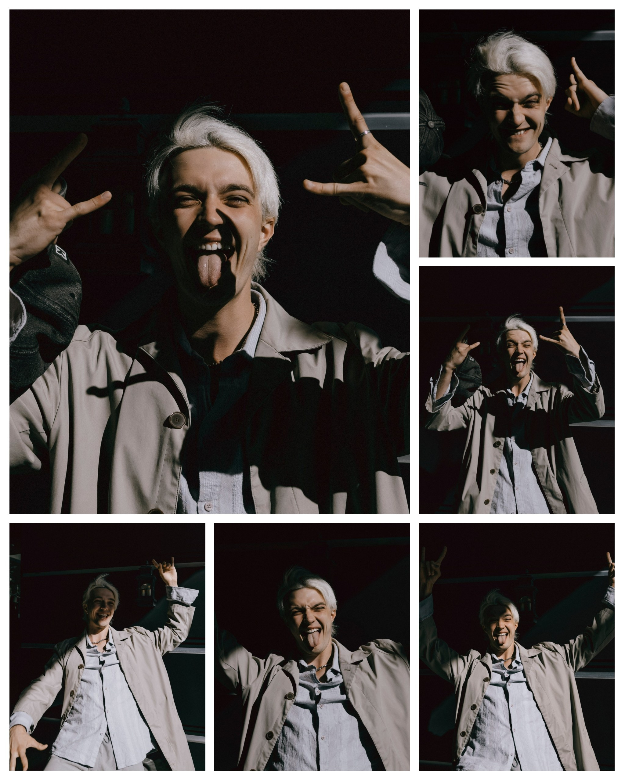 парень блондин высунул язык и смеется, парень показывает пальцами козу, рок-стиль