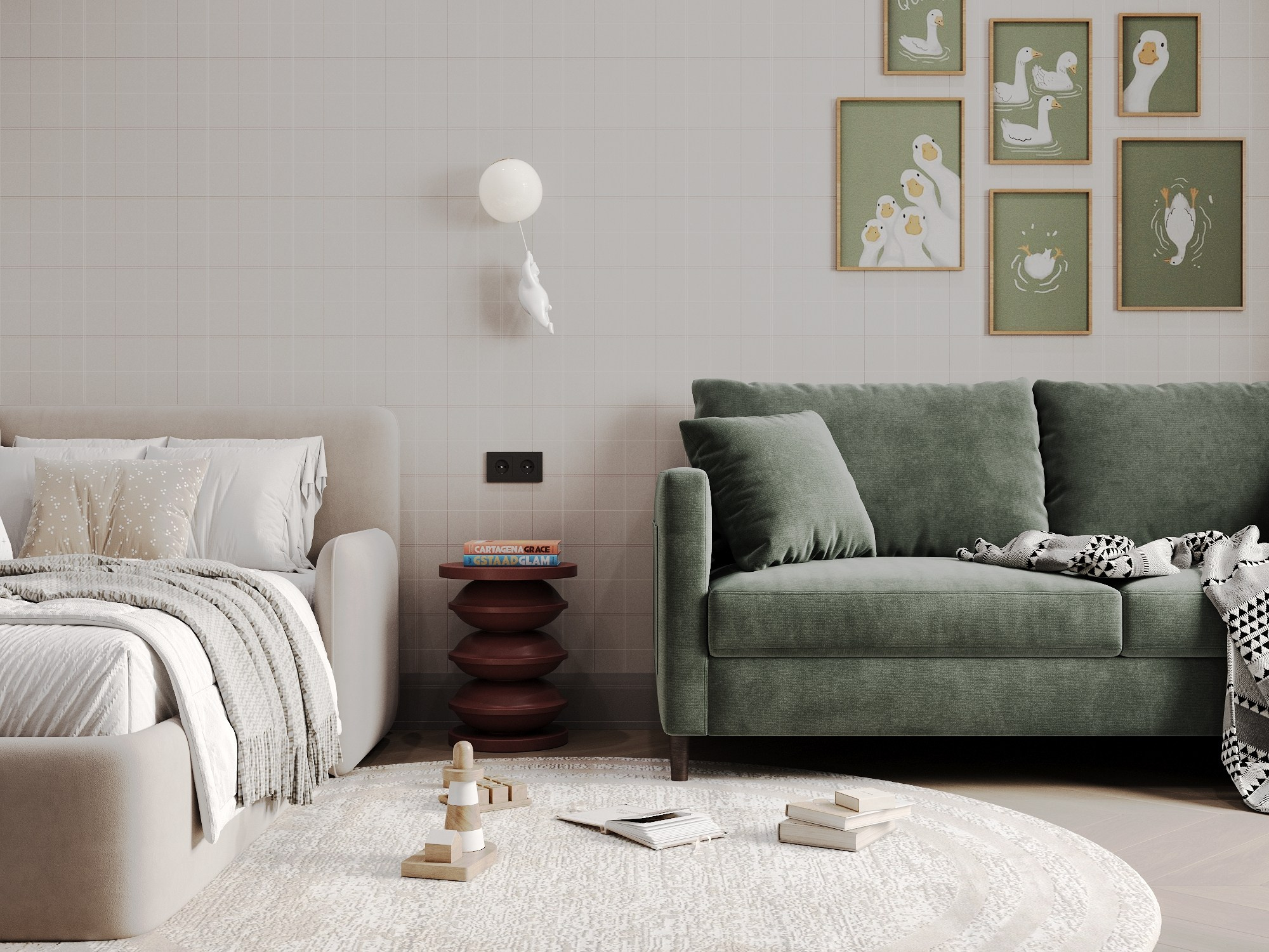 дизайн интерьера детской комнаты с диваном и отдельной кроваткой