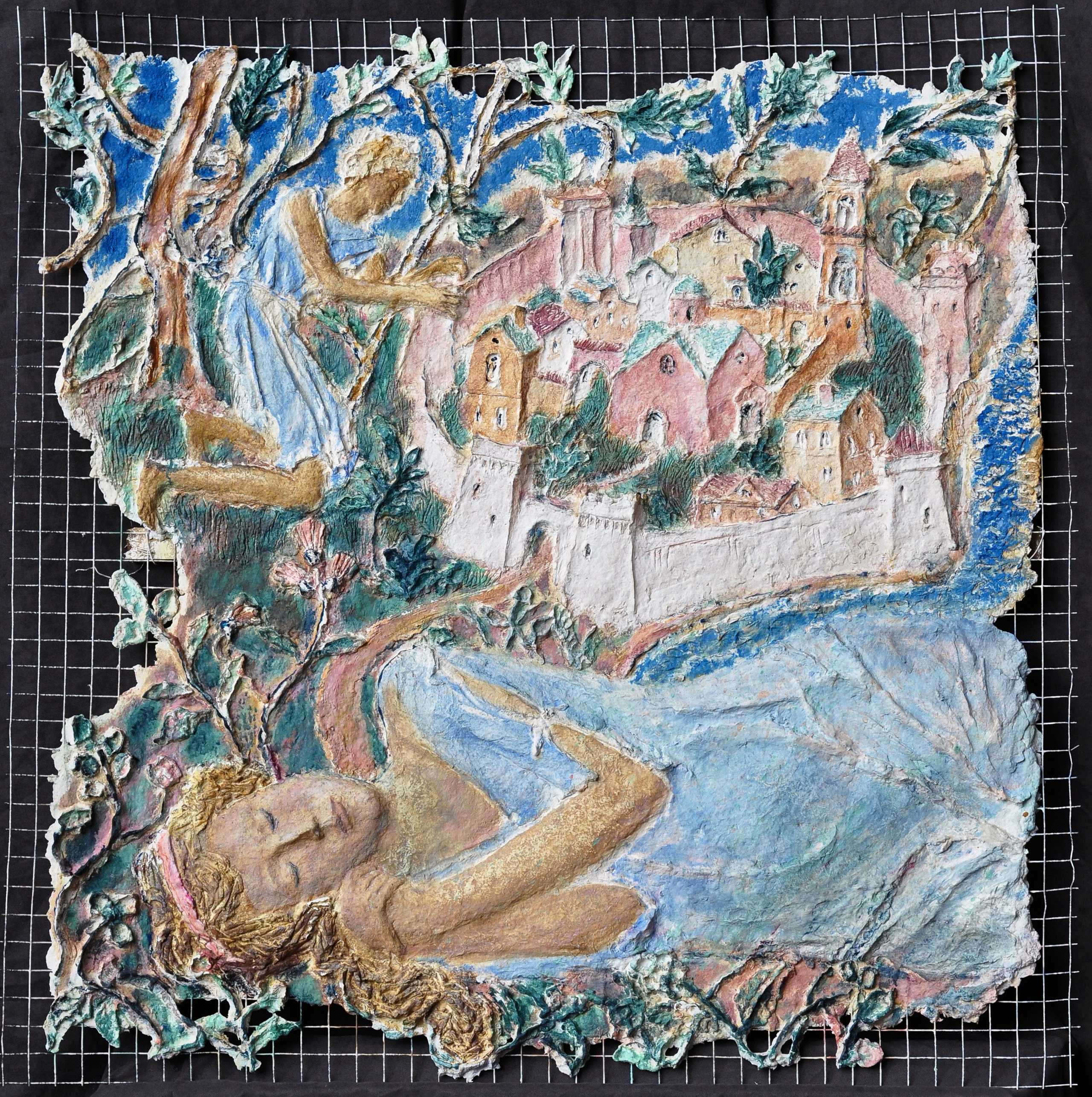 "Сон" рельеф, арматурная сетка, живопись, художник Федор Олевский, 2024