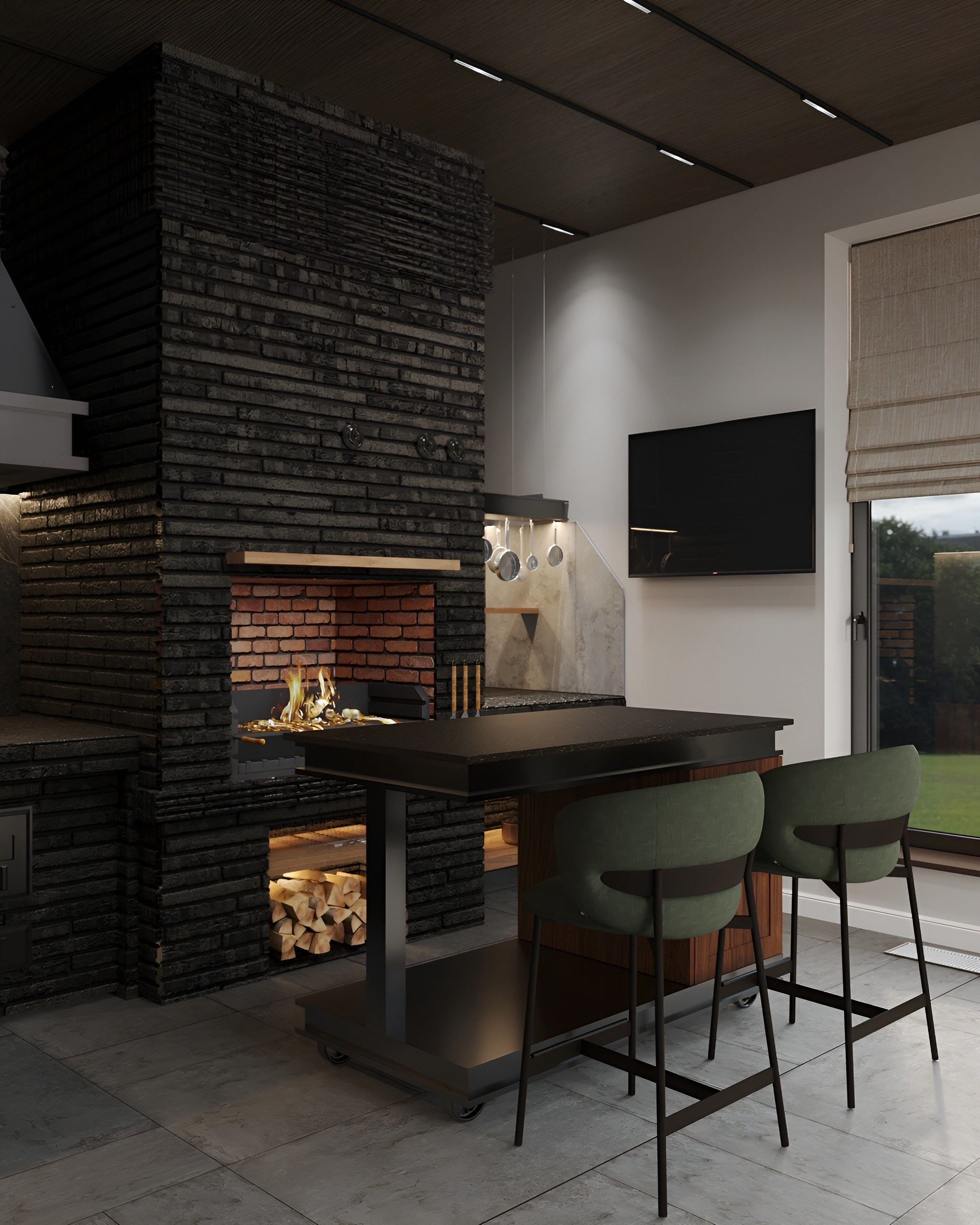 Терраса в загородном доме с камином. 3D Визуализация интерьеров жилых и коммерческих помещений