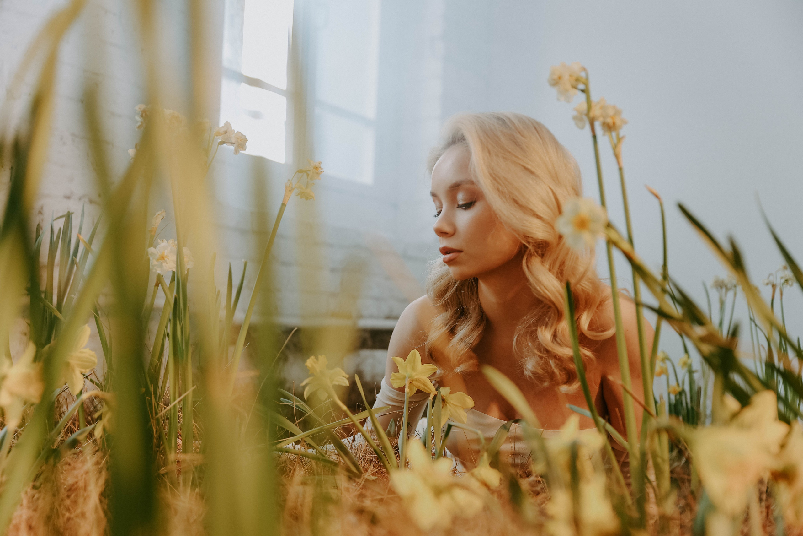 Студийная фотосессия девушки с нарциссами в студии Мох