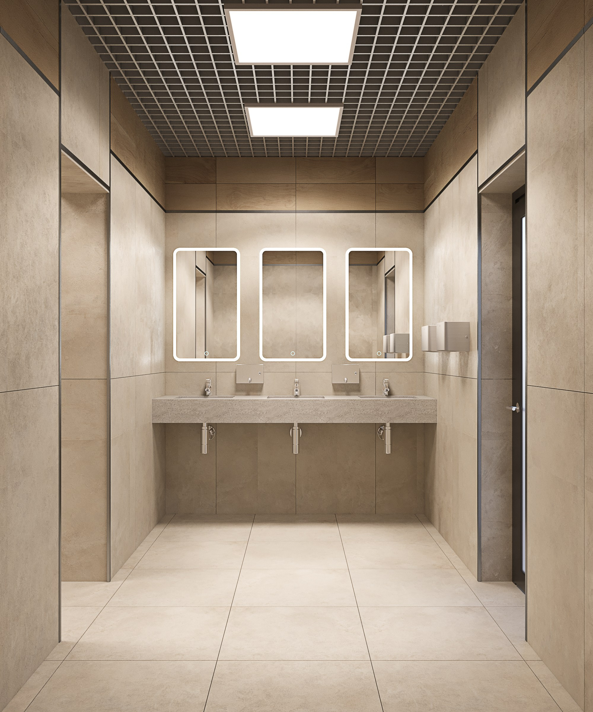 3D визуализация просторного санузла с тремя встроенными раковинами, подсвеченными прямоугольными зеркалами