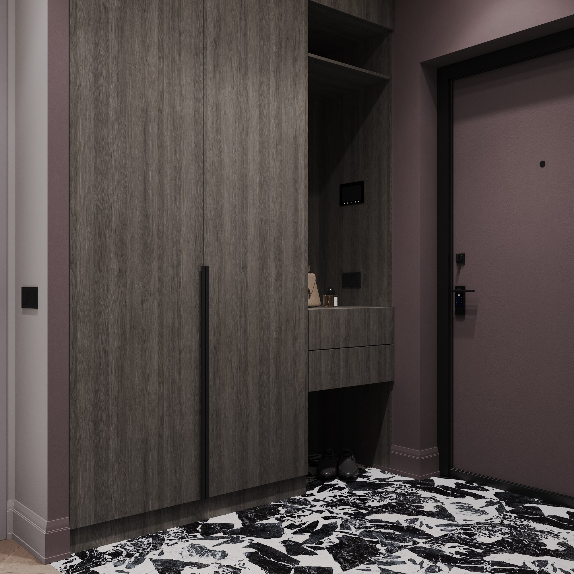 дизайн интерьера прихожей с акцентным керамогранитом на полу, черно белая плитка, сложный цвет стен марсала