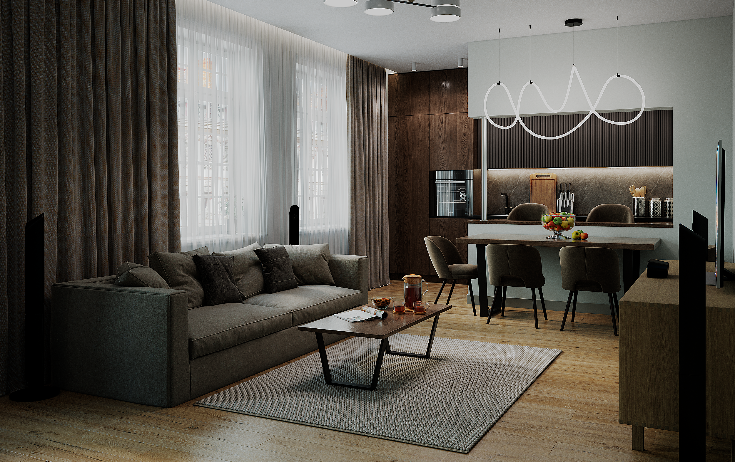 Современная гостиная с большим серым диваном, деревянным журнальным столиком и кухней