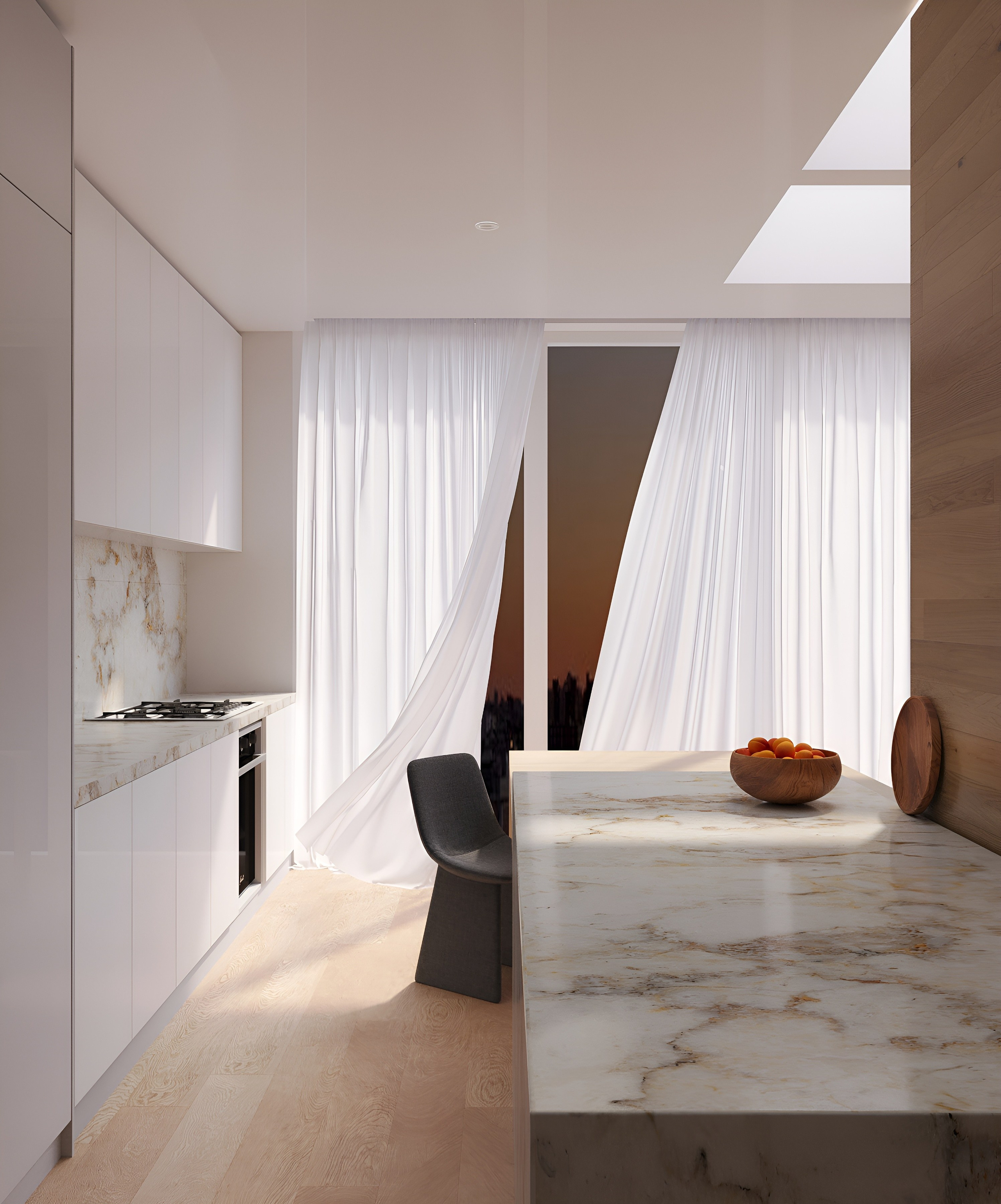 Кухня-гостиная с зенитными окнами. 3D Визуализация интерьеров жилых и коммерческих помещений