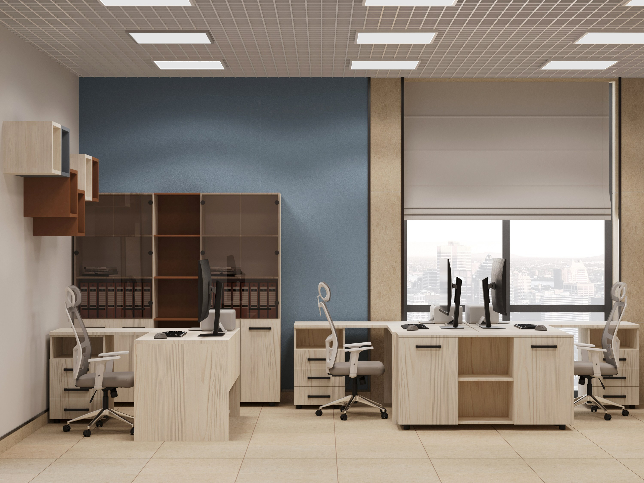 Рендер офисного пространства с рабочими столами, стульями, компьютерами и высокими шкафами для хранения