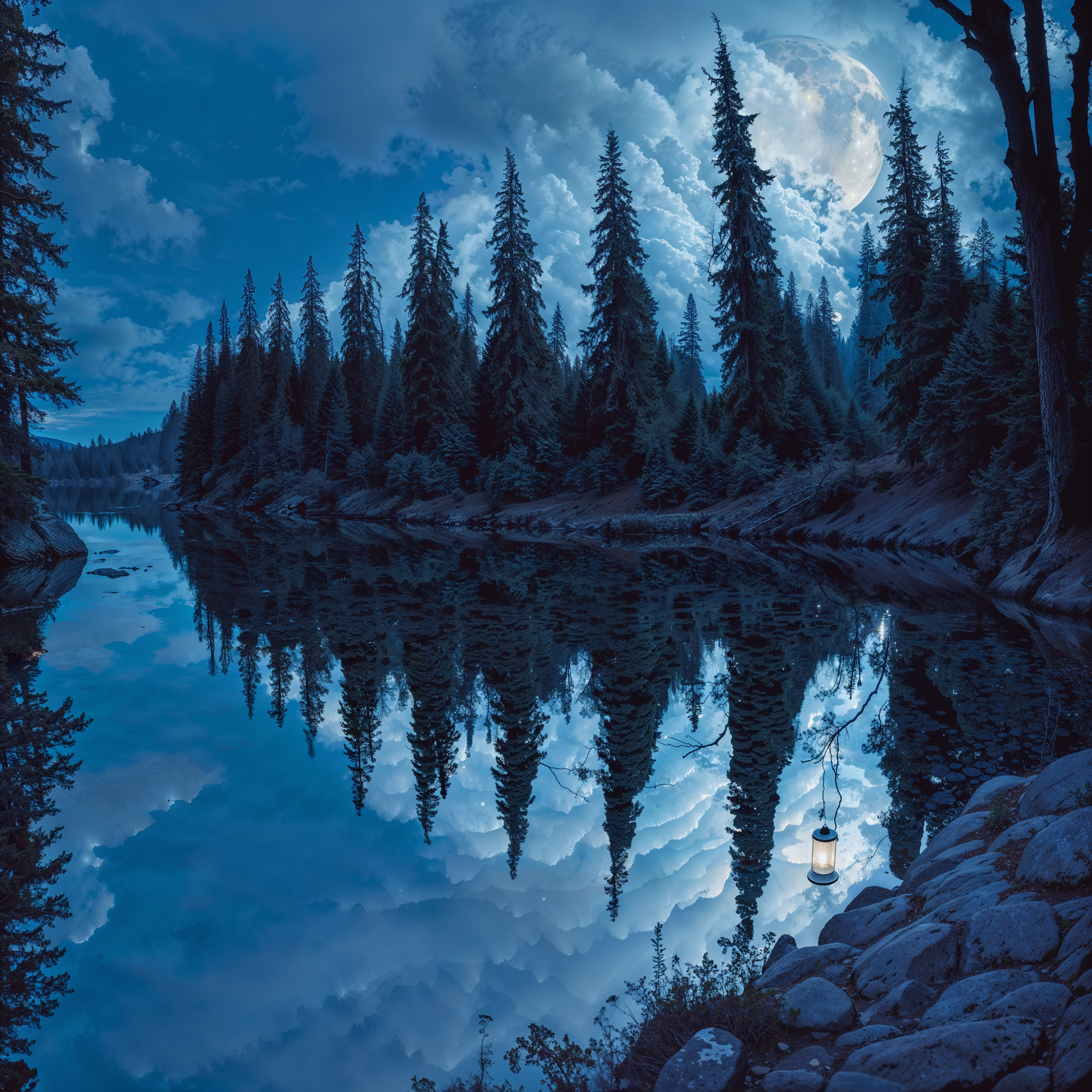 Оптическая иллюзия: отражения деревьев в воде превращаются в фигуры ведьм, выходящих на берег, одна из которых будто несёт фонарь.