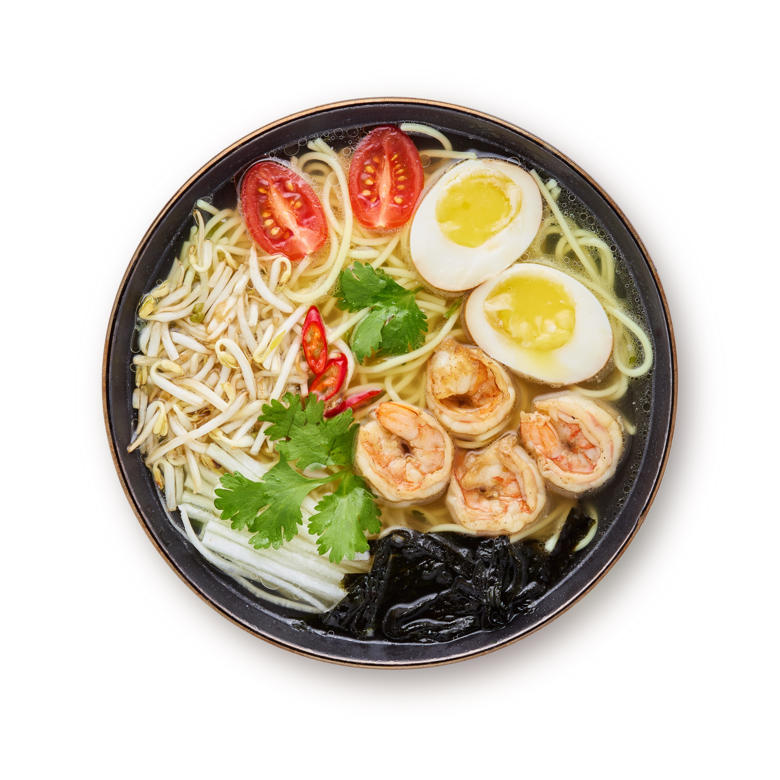 Суп Рамен - Королевская креветка, лапша яичная, бульон куринный, дайкон, яйцо маринованное, соевые ростки, кунжут, кинза, нори, помидорки 
