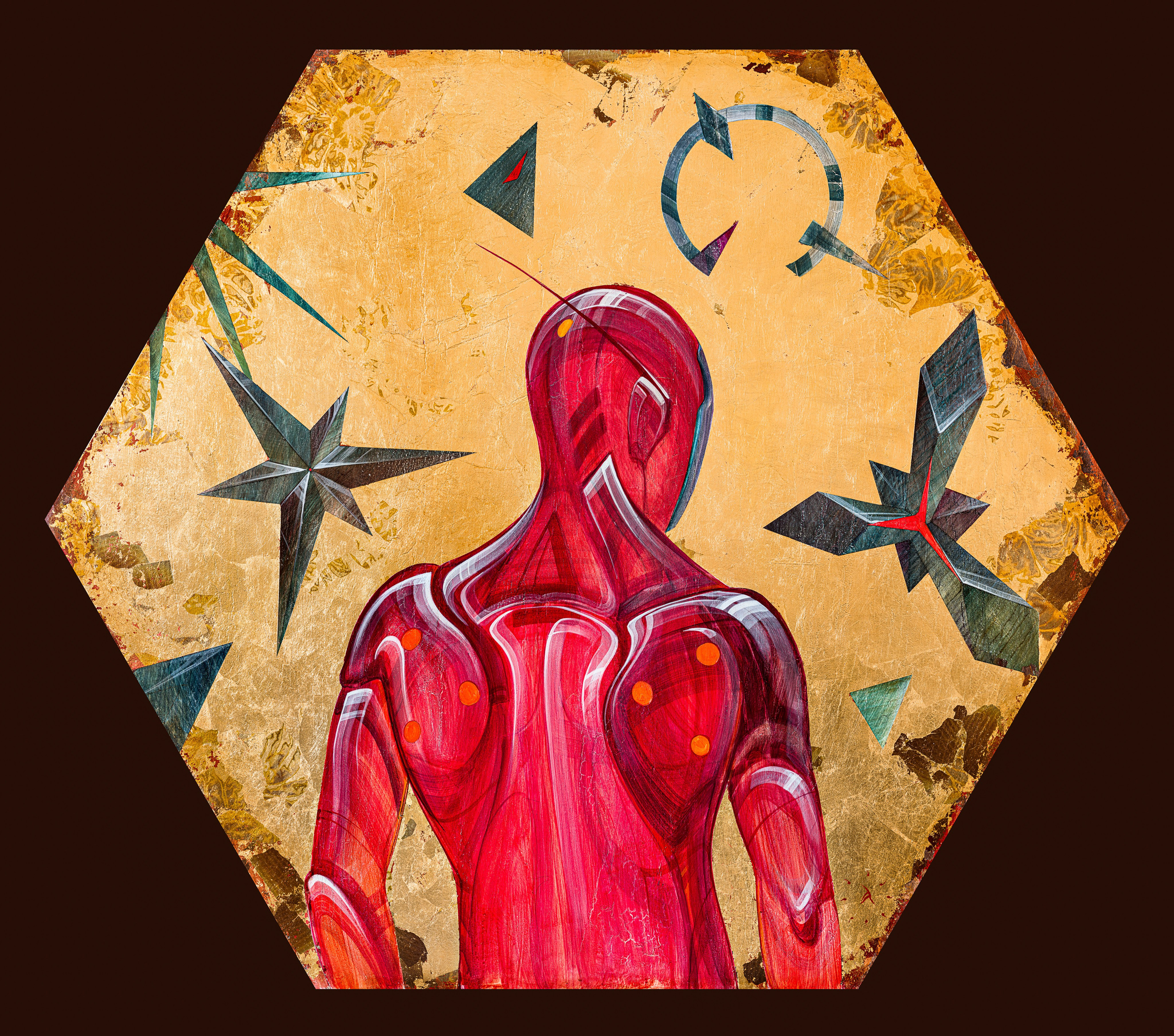 «Снаружи» - художник Антон Фролов (дерево, темпера, поталь, диаметр 120 см, 2023)