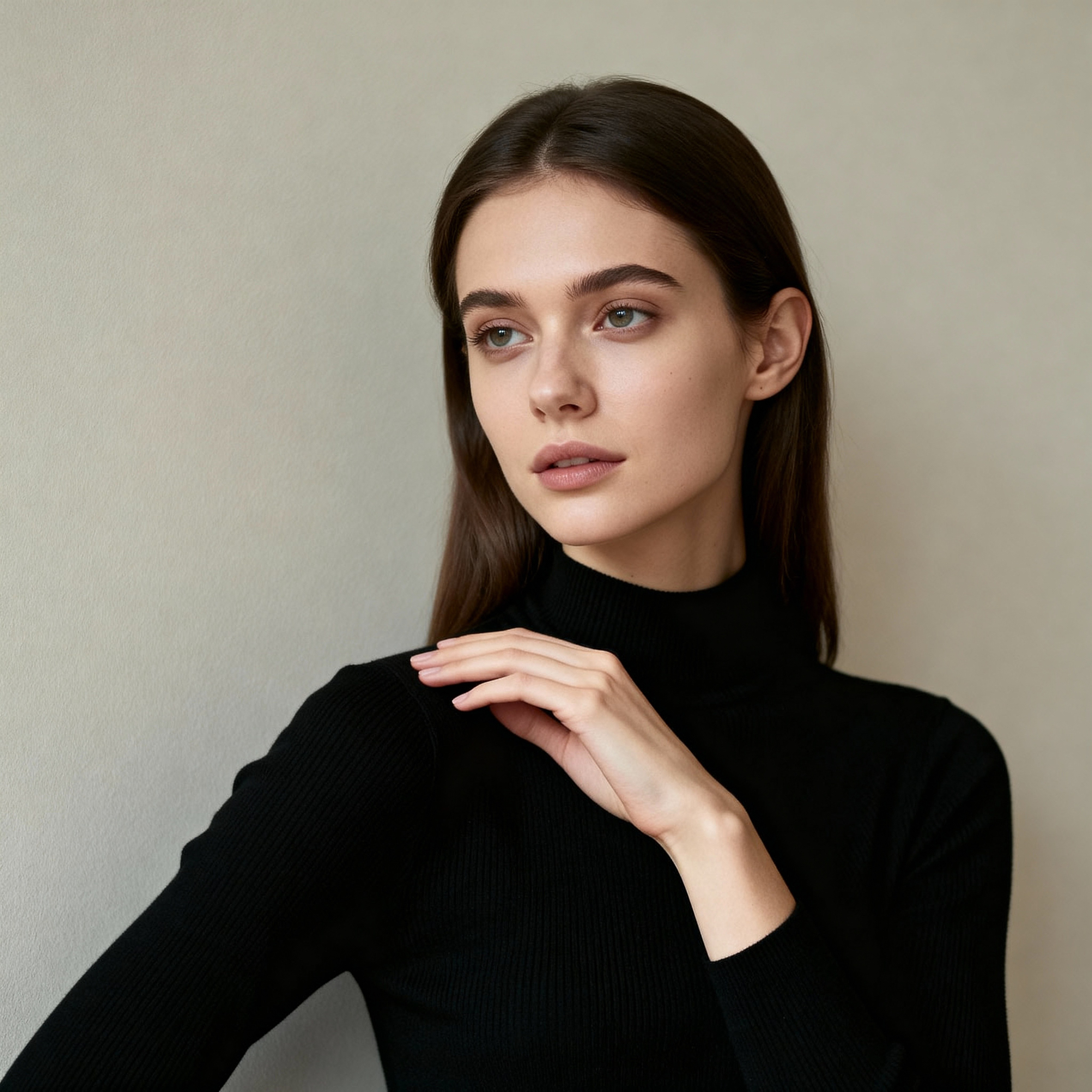 Женский портрет в черной водолазке на монохромном фоне, фотосессия минимализм