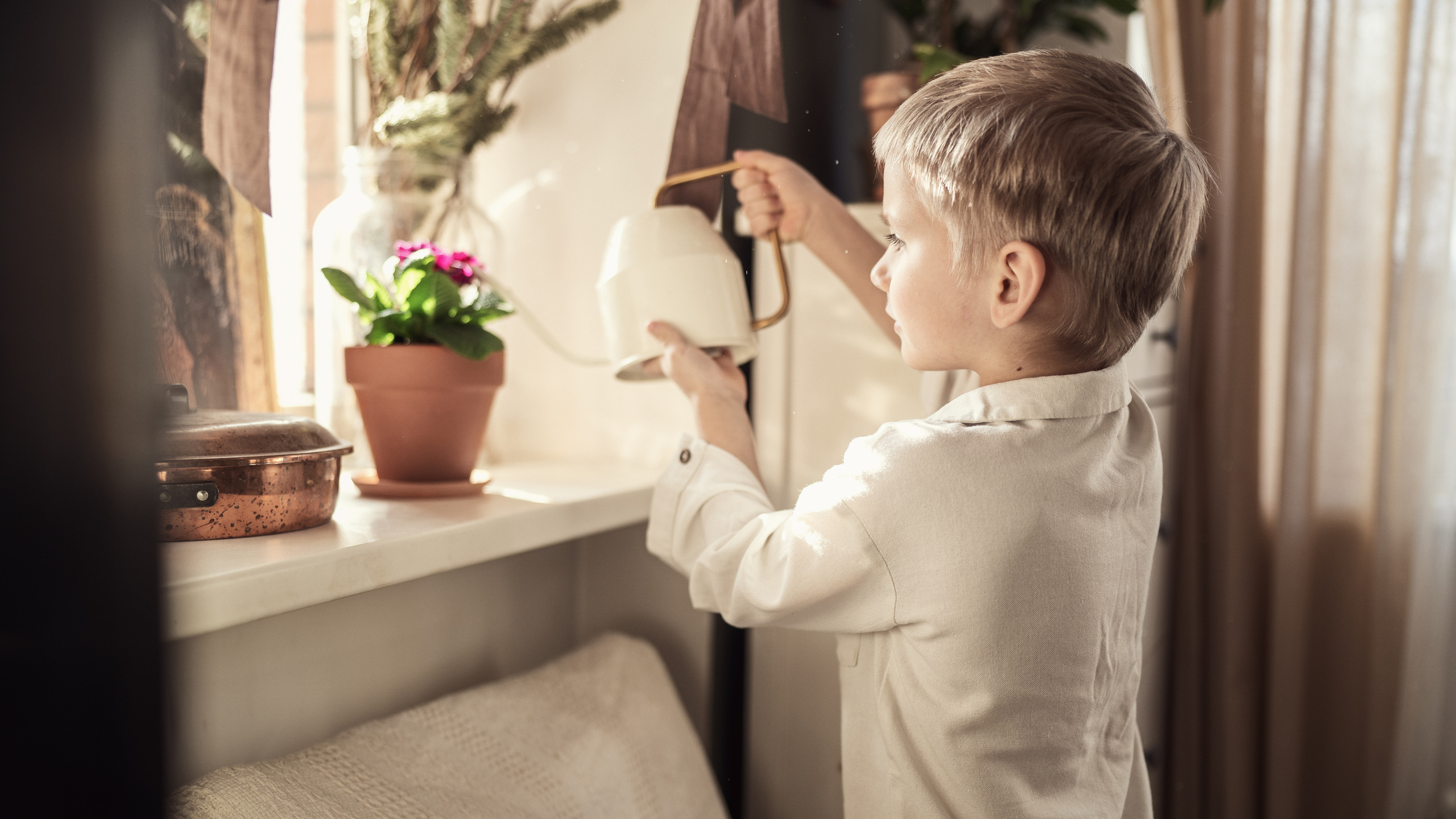 Маленький мальчик поливает и ухаживает за цветком на окне