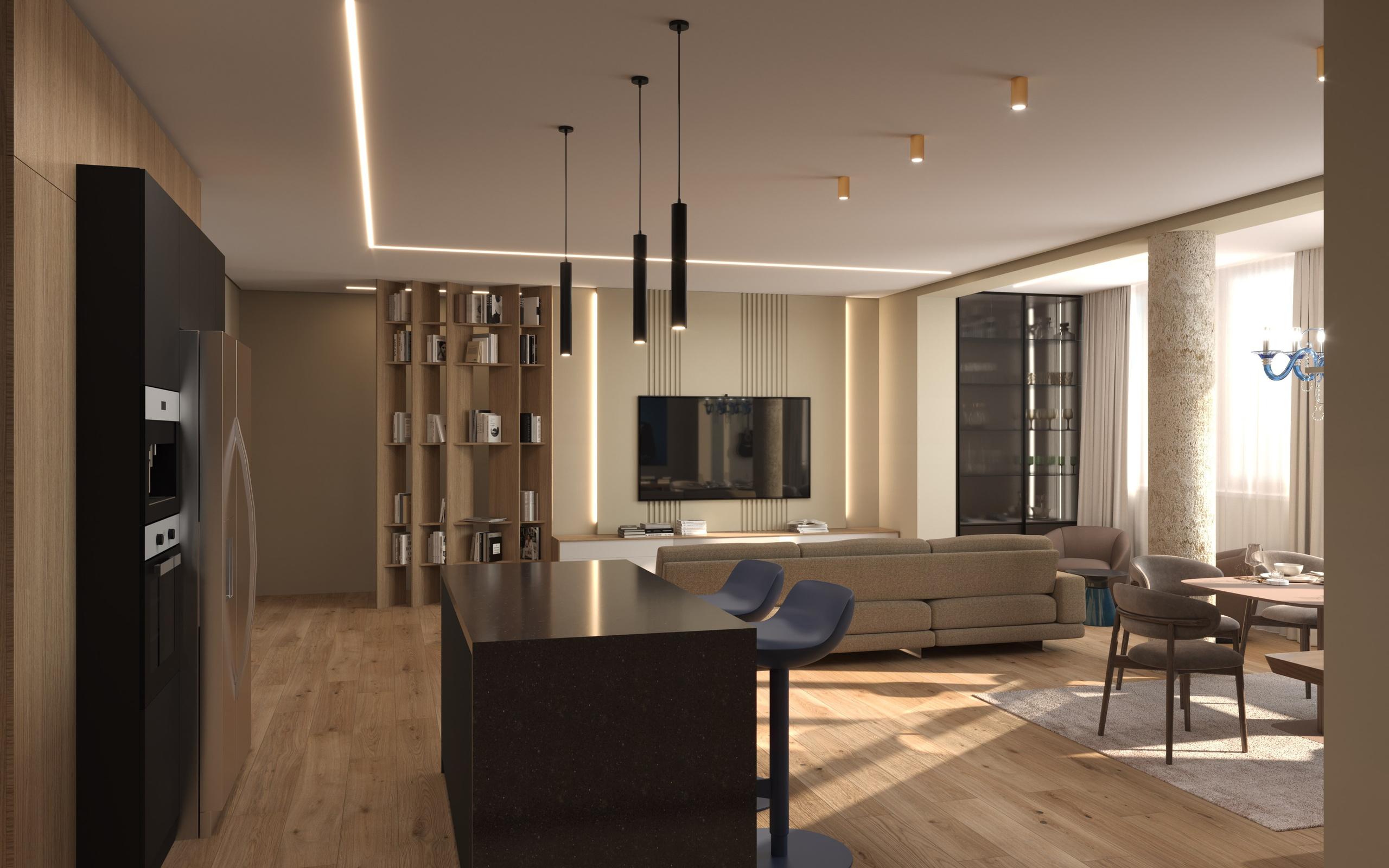 Вид на современную минималистичную гостиную со стороны  кухни