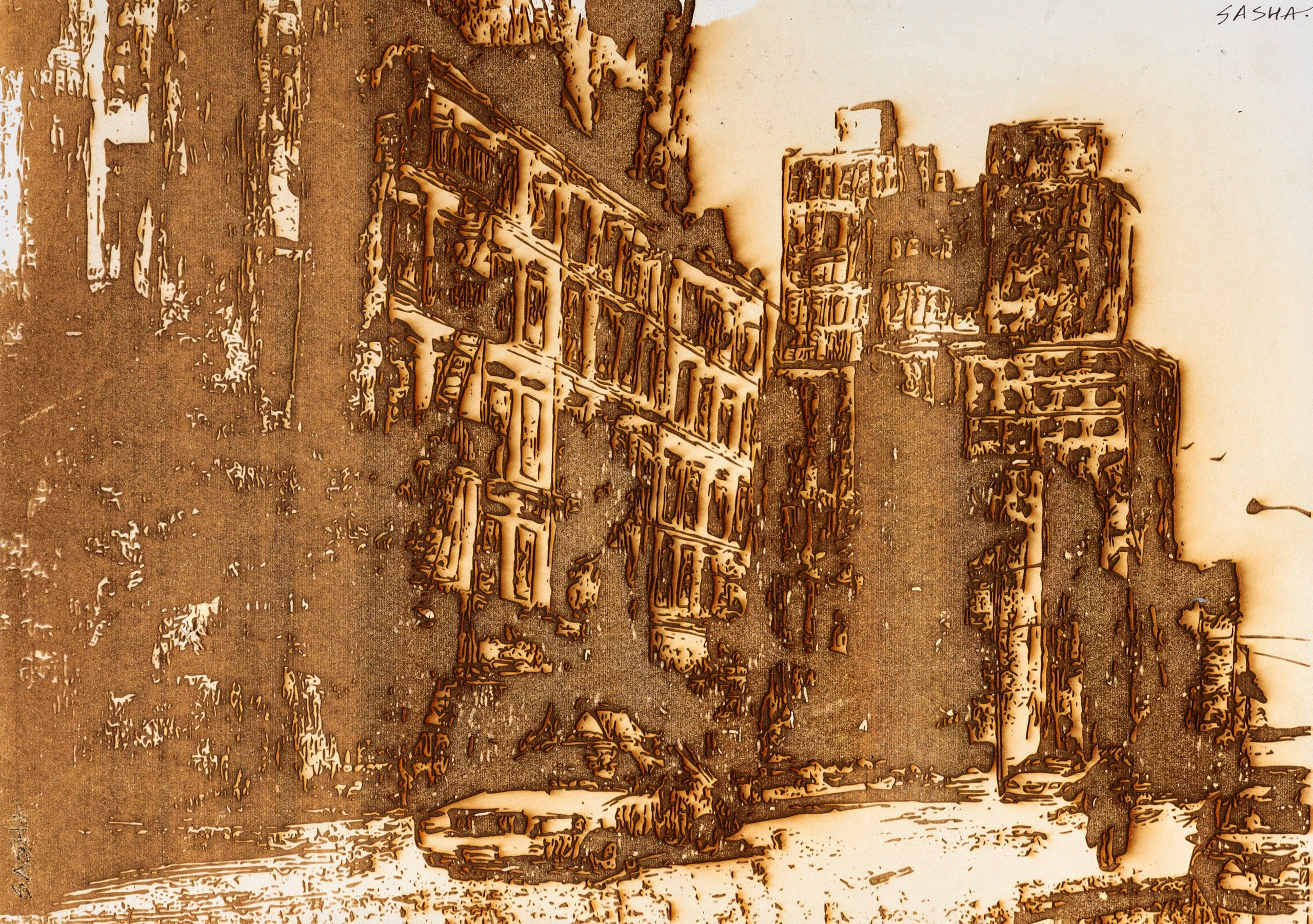 Старинный городской пейзаж с домами и автомобилем