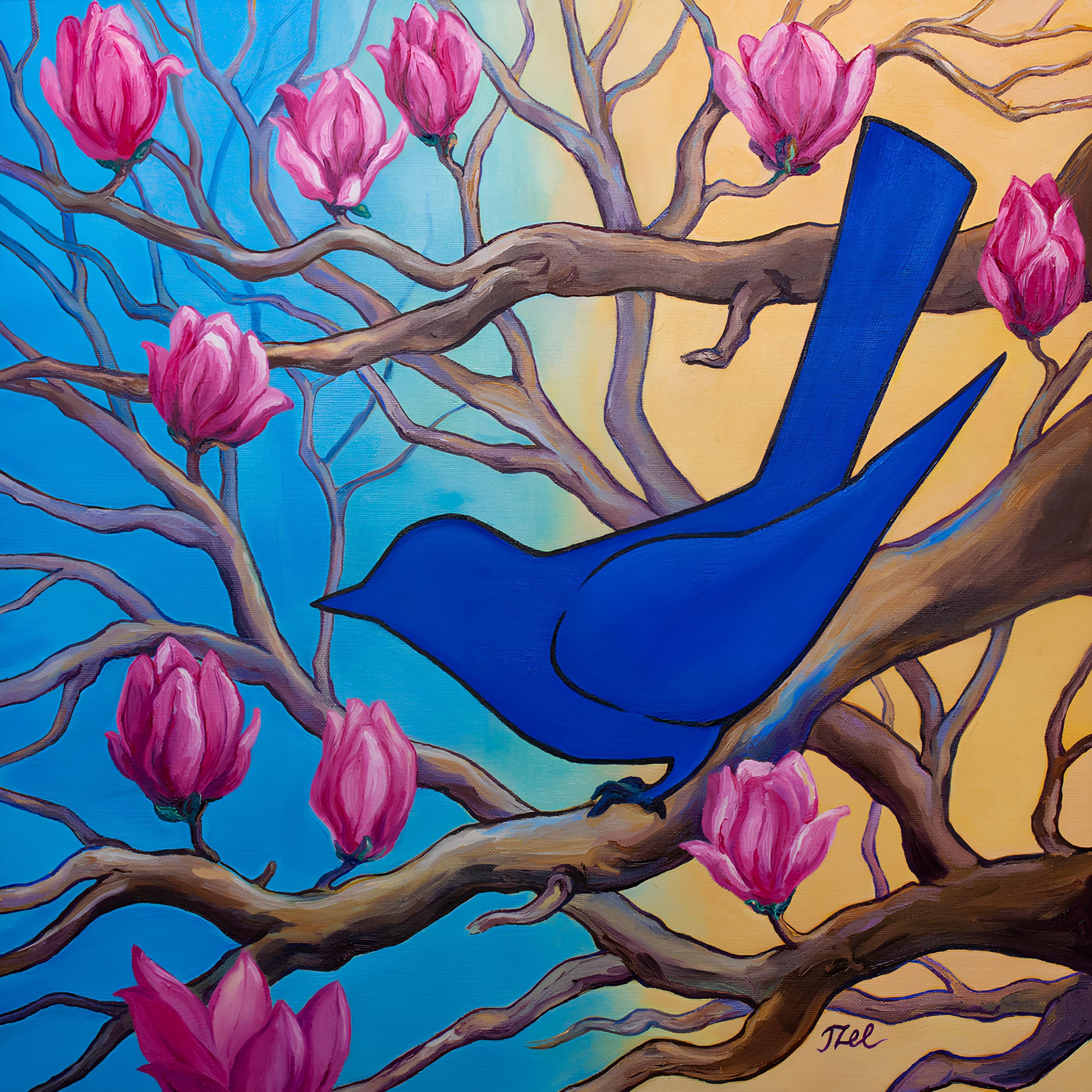 Картина, оригинальная живопить, холст, масло, птица, весна, изображение весны, цветущий сад