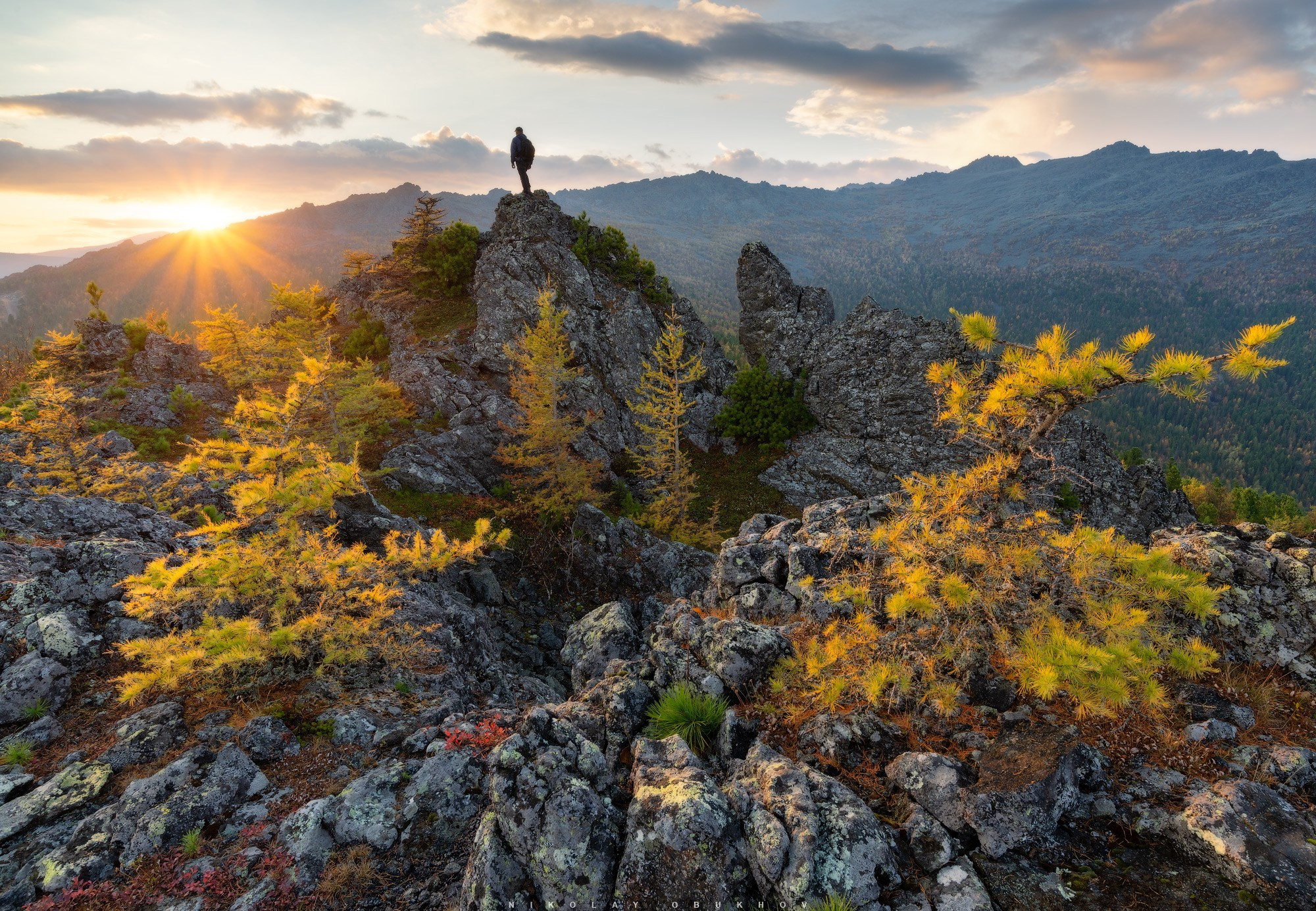 Закатный свет и золотые лиственницы на горе Серебрянский Камень (Конжаковско-Серебрянский горный массив).
