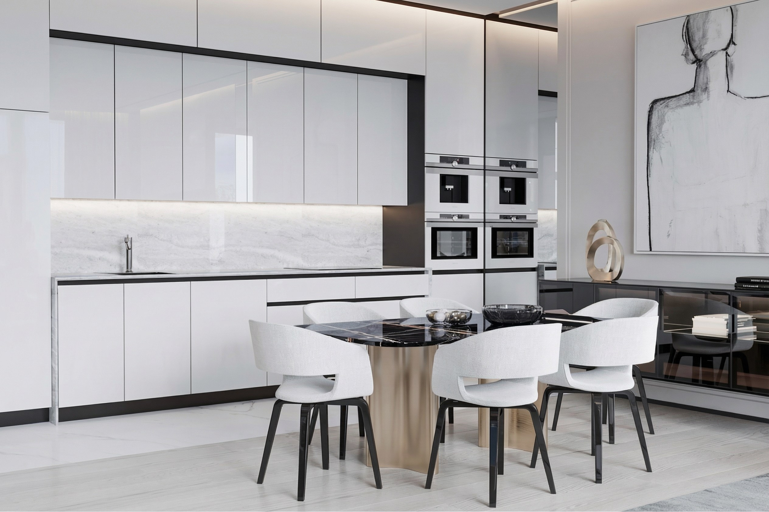 Современная кухня-столовая в дизайне квартиры 113 м² от Валерии Котович: белые минималистичные фасады, обеденный стол с мраморной столешницей и золотым основанием, интерьер в стиле quiet luxury.