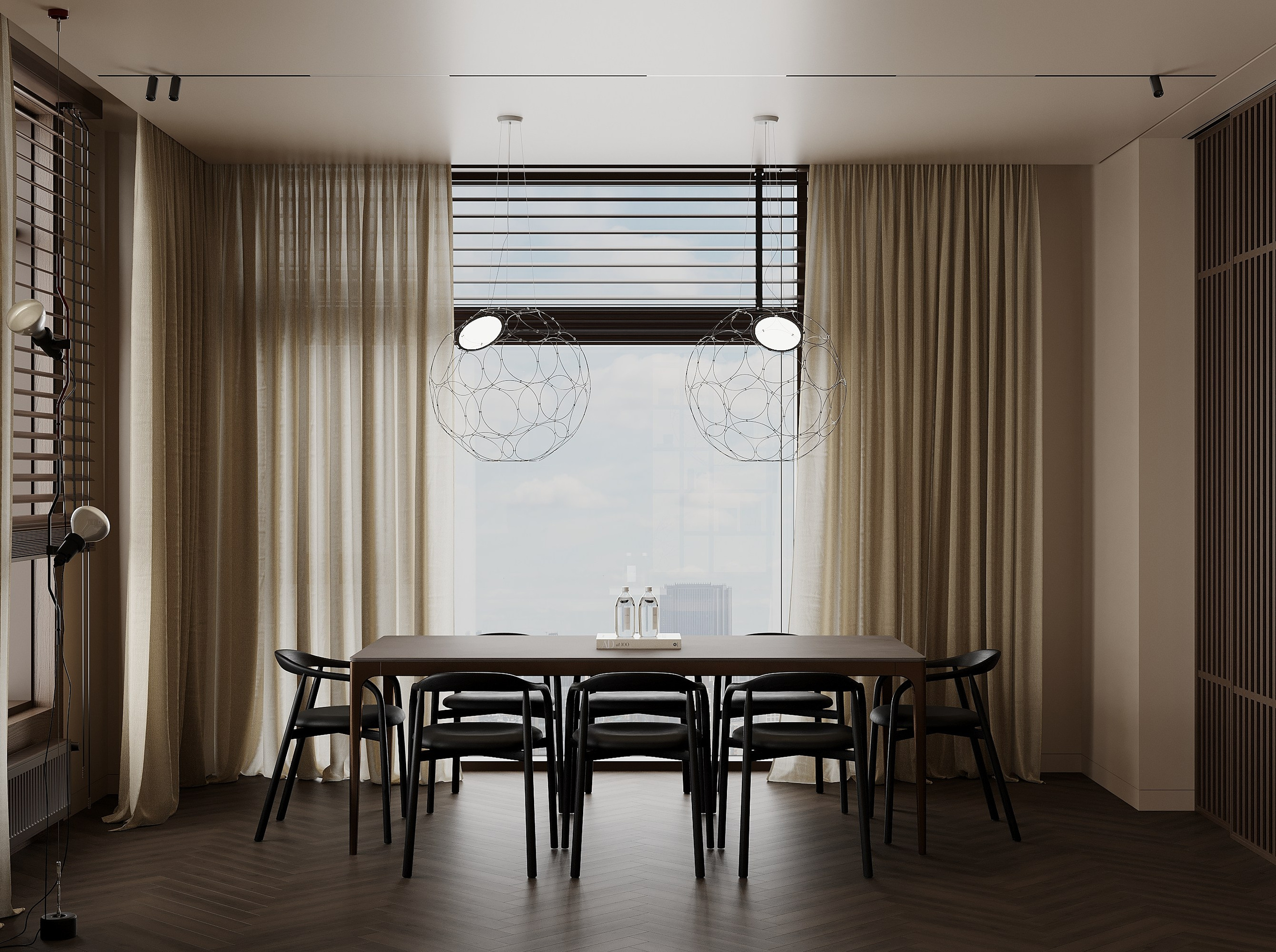 Вид на обеденный со стильными подвесами и потрясающим видом из окна    View of the dining room with stylish pendants and stunning views from the window